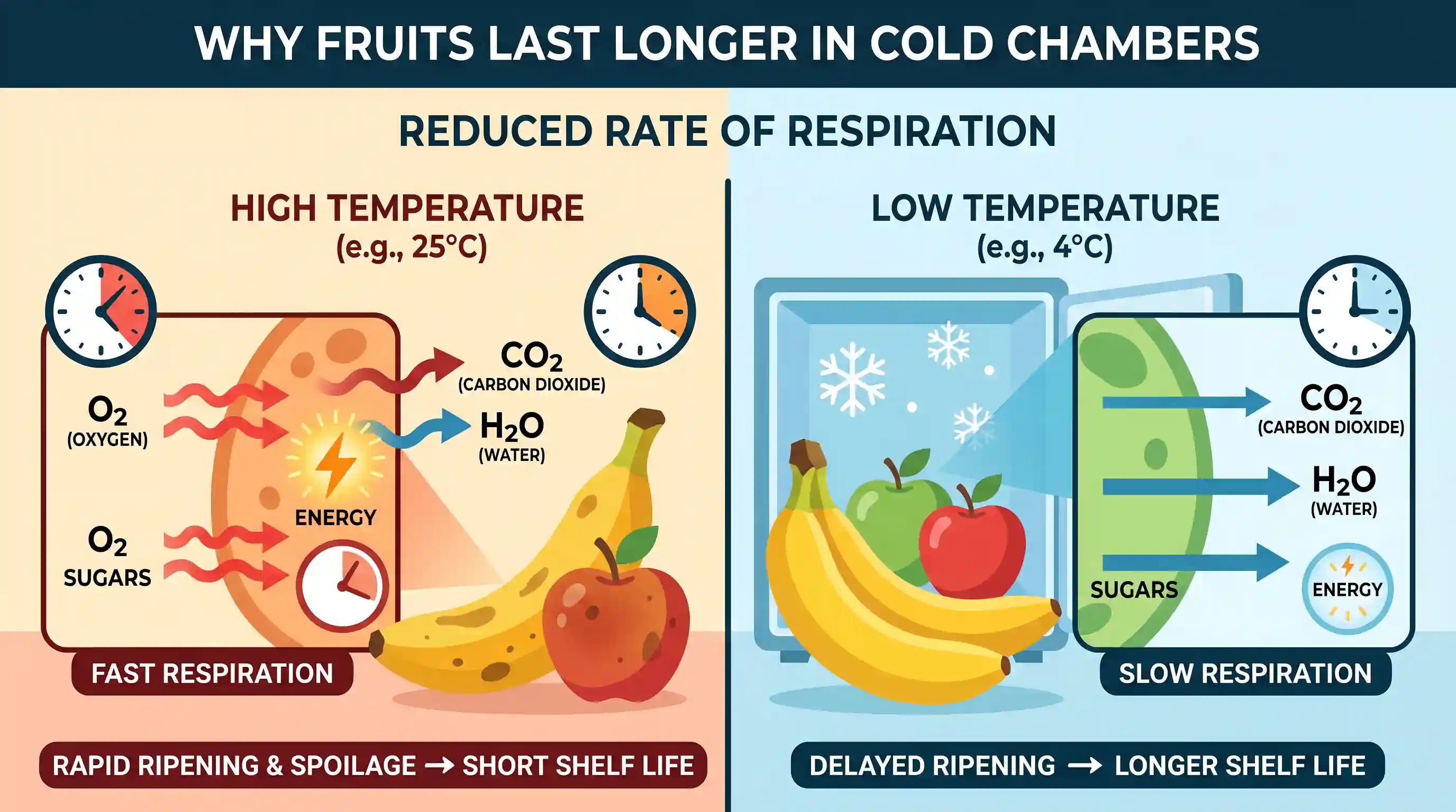 science-and-technology: Fruits stored in a cold chamber exhibit longer storage life because