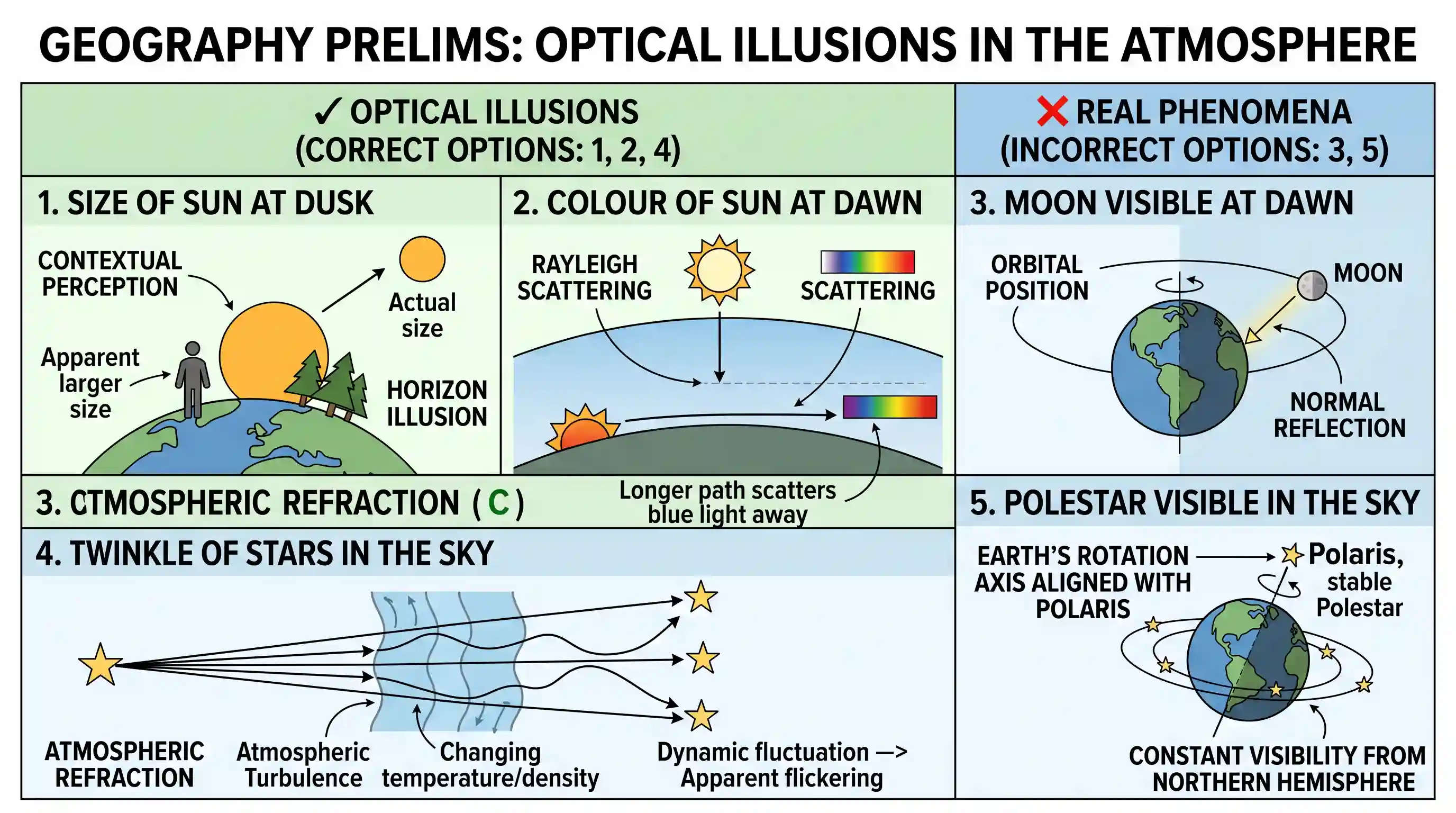 geography: Consider the following phenomena : 1. Size of the sun at dusk 2. Colour of the sun at dawn 3. Moon being visible at dawn