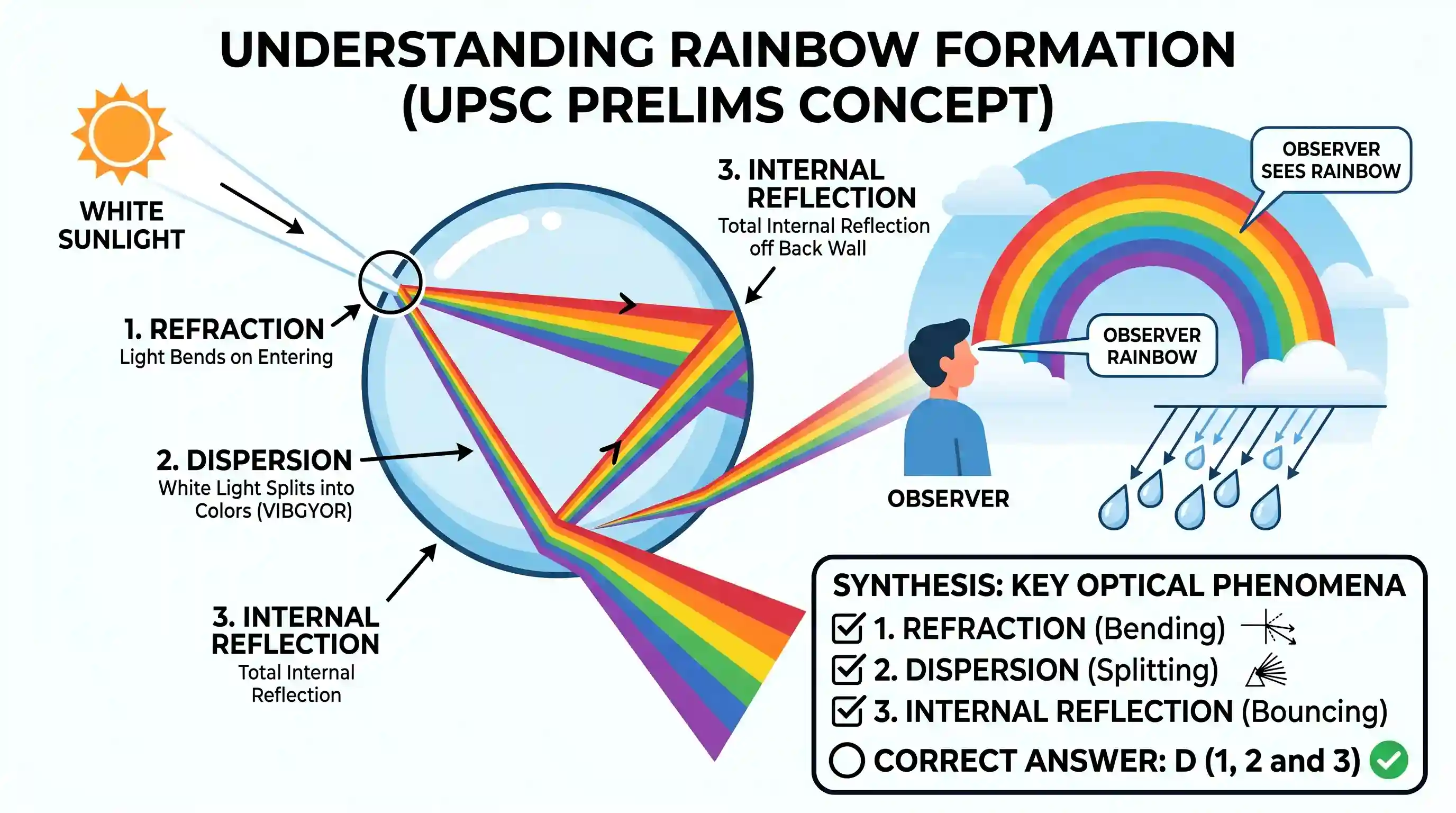 science-and-technology: Rainbow is produced when sunlight falls on drops of rain. Which of the following physical phenomena are responsible for