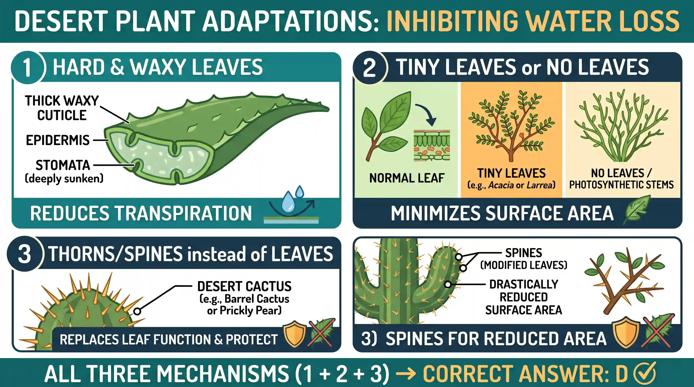 geography: Which of the following leaf modifications occurs/occur in desert areas to inhibit water loss?
