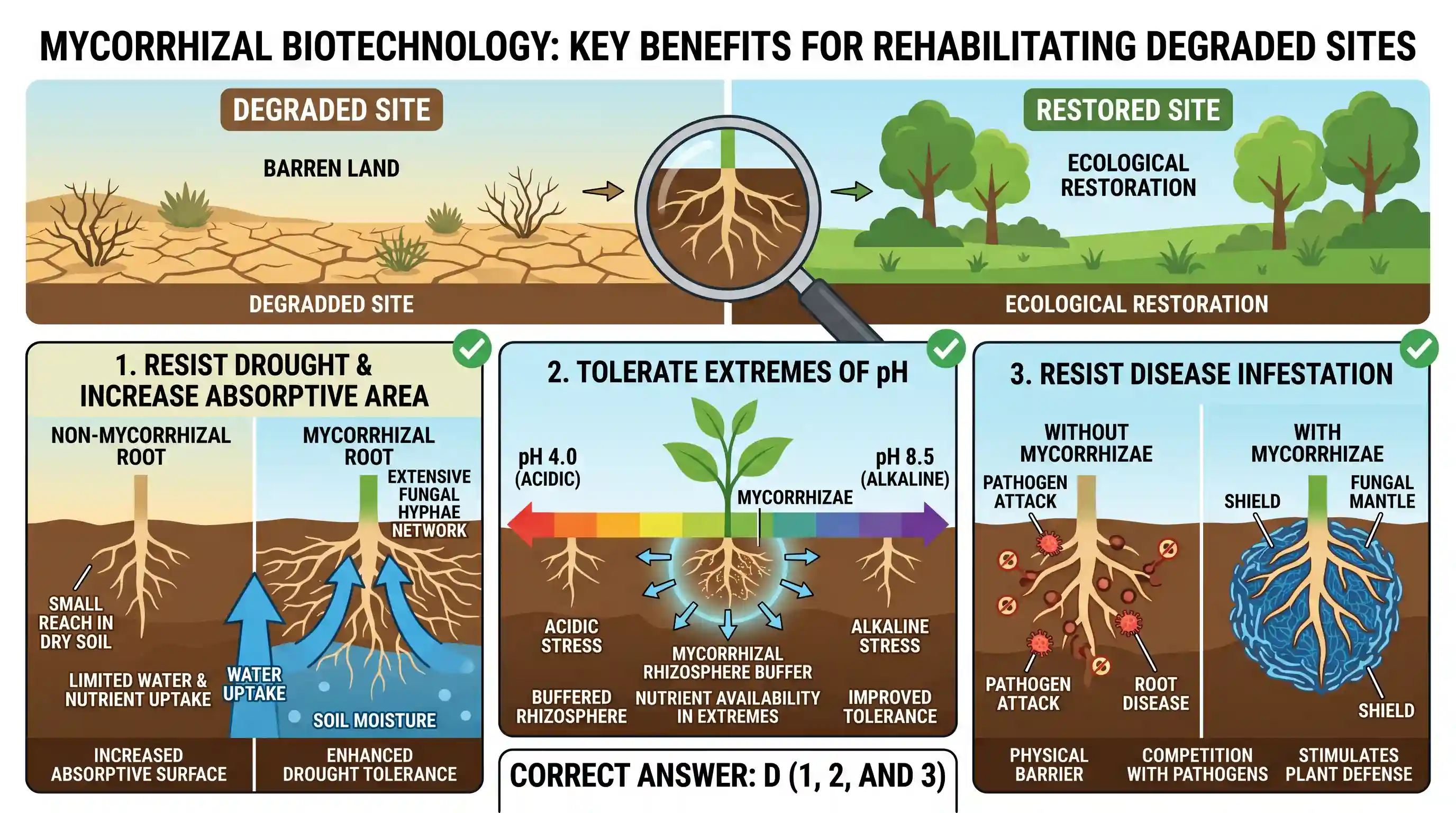 geography: Mycorrhizal biotechnology has been used in rehabilitating degraded sites because mycorrhiza enables the plants to 1. res