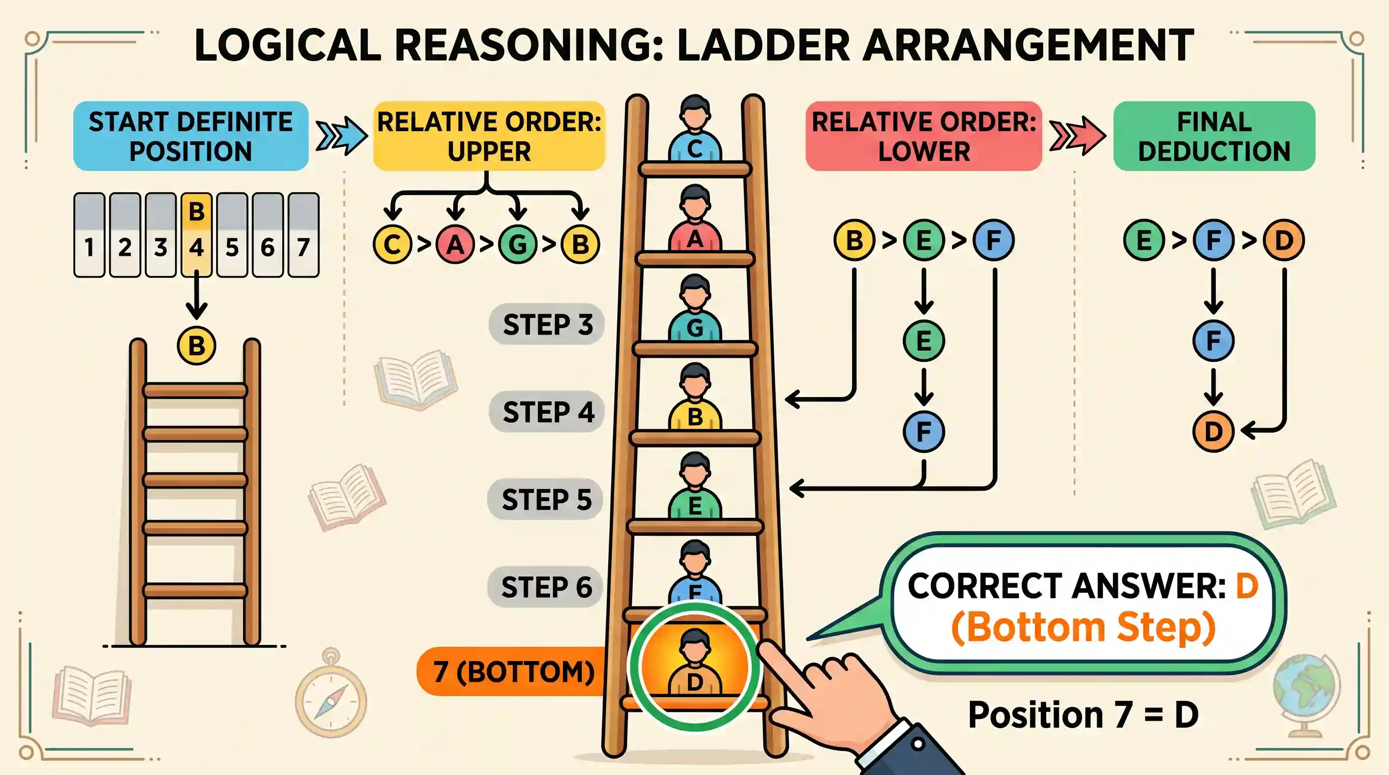 Logical Reasoning: There are seven persons up on a ladder, A, B, C, D, E, F and G (not in that order). A is further up than E but is lower