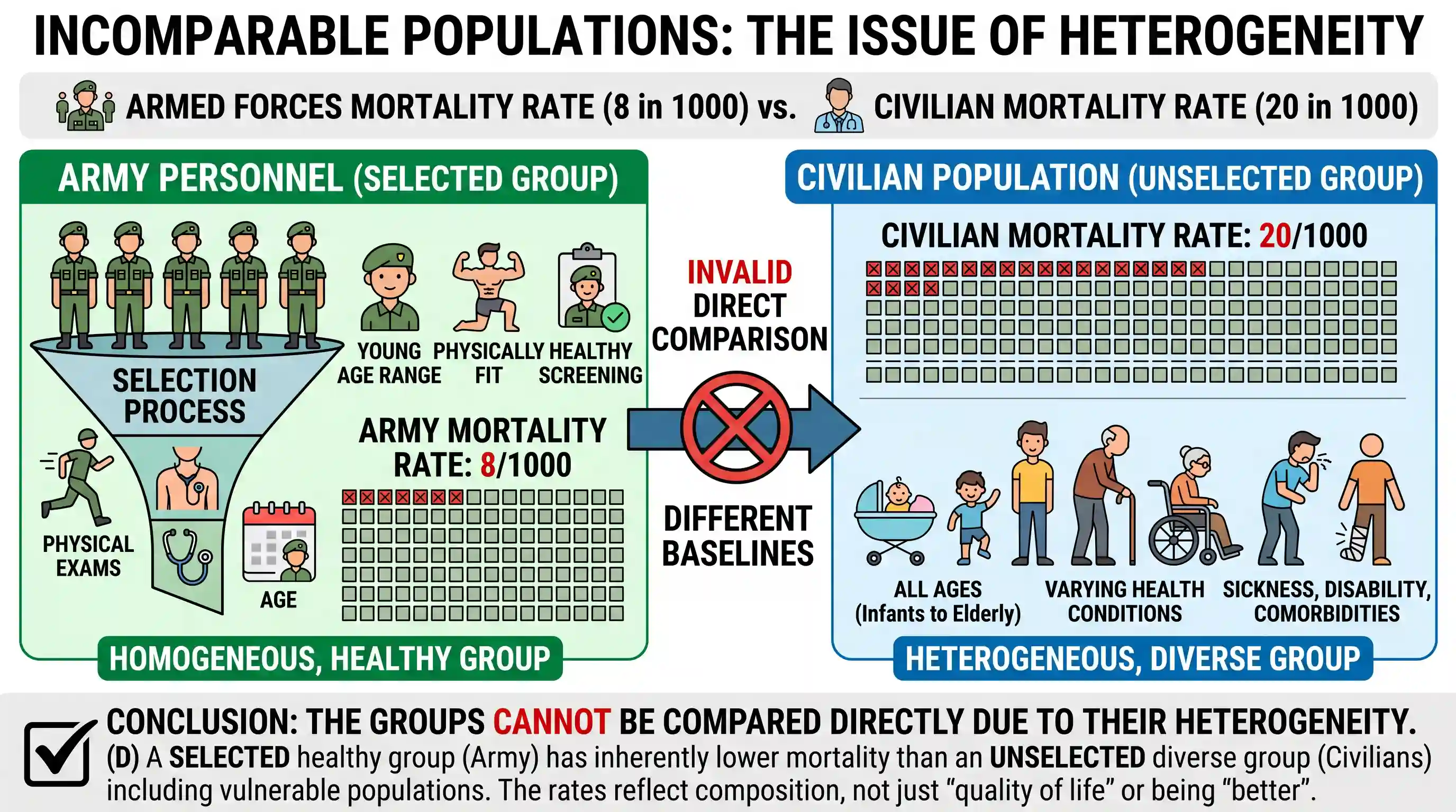 Reading Comprehension: The number of deaths among the army personnel is 8 in 1000, but among the civilian population it is 20 per 1000. Which o