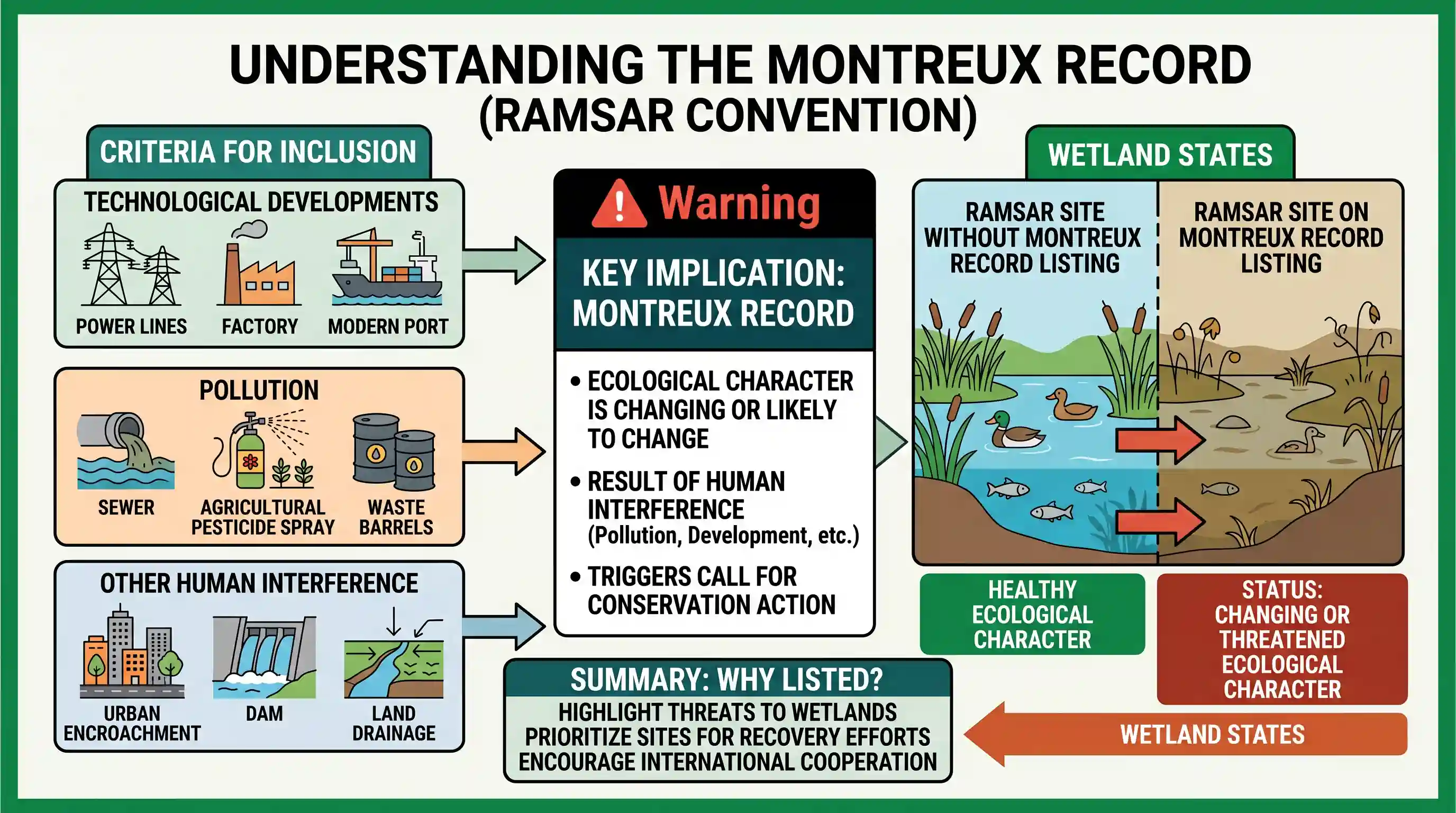 geography: If a wetland of international importance is brought under the 'Montreux Record', what does it imply?