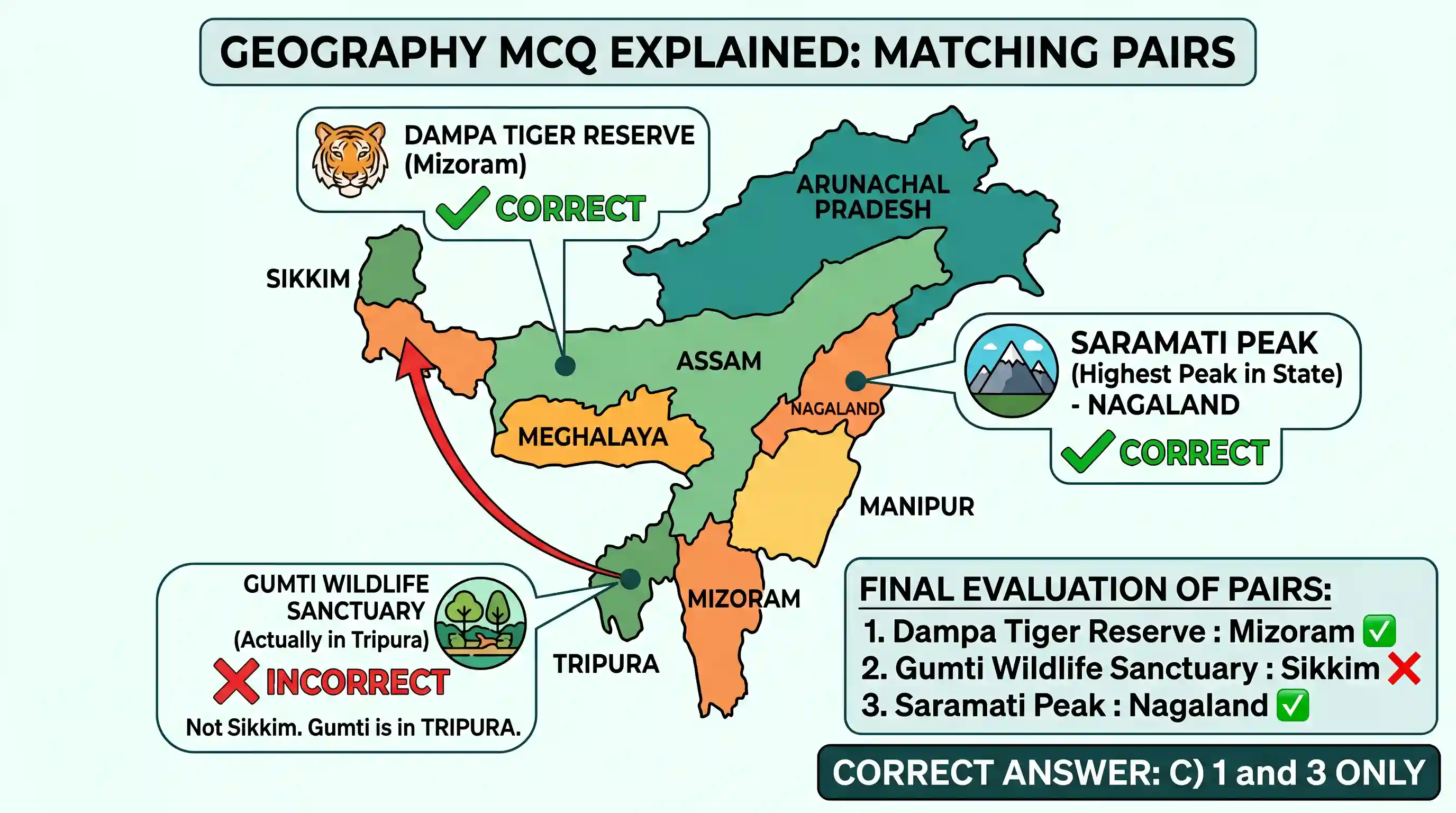 geography: Consider the following pairs: 1. Dampa Tiger Reserve : Mizoram 2. Gumti Wildlife Sanctuary : Sikkim 3. Saramati Peak : N