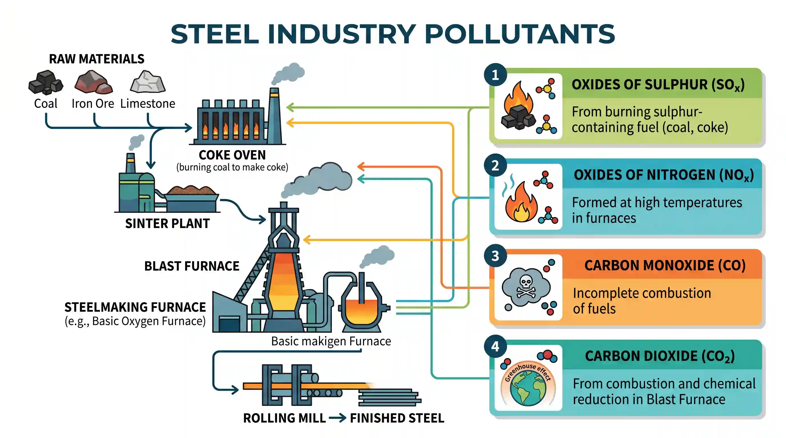 geography: Which of the following are some important pollutants released by steel industry in India? 1. Oxides of sulphur 2. Oxides