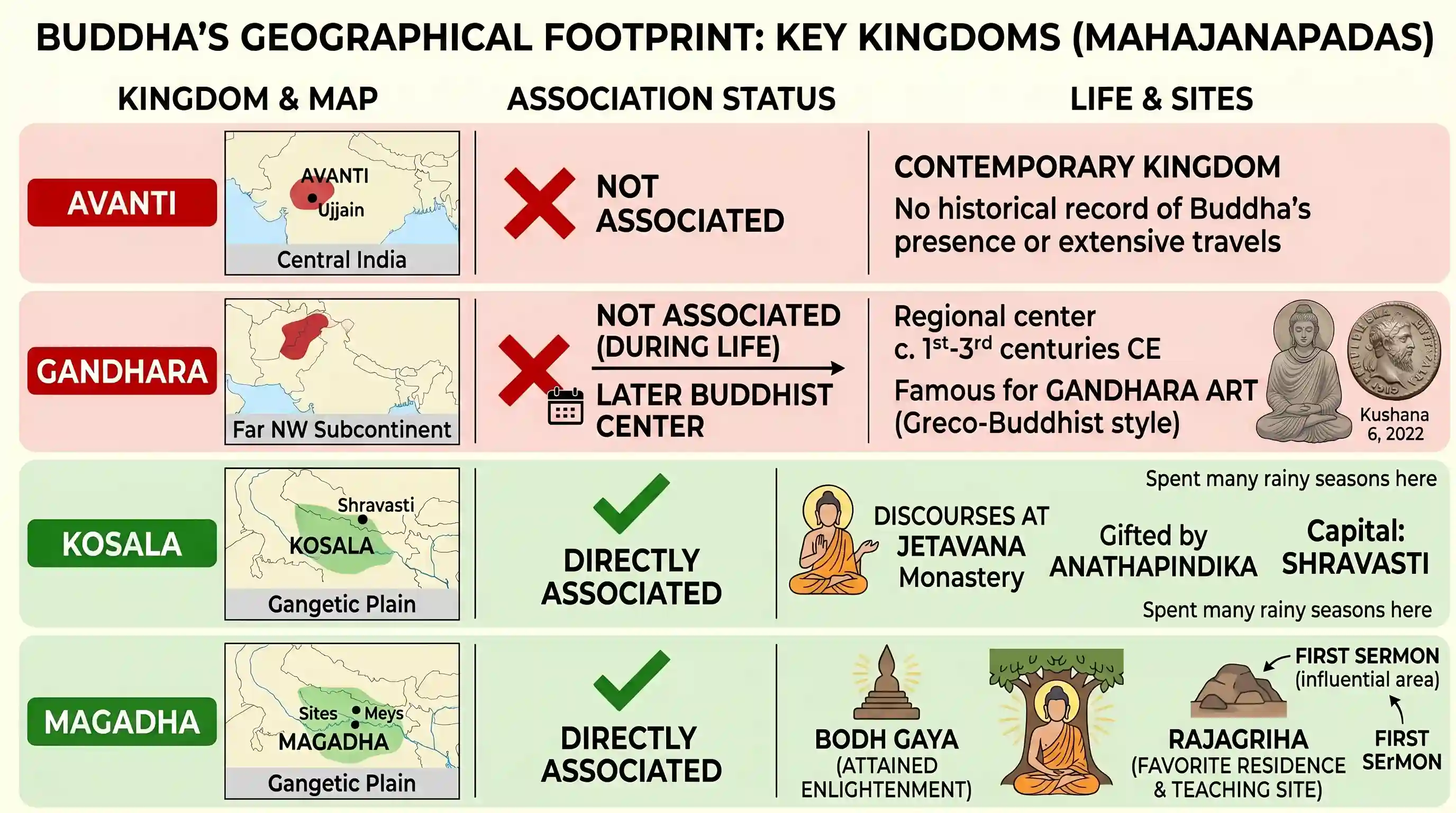 history: Which of the following Kingdoms were associated with the life of the Buddha? 1. Avanti 2. Gandhara 3. Kosala 4. Magadha