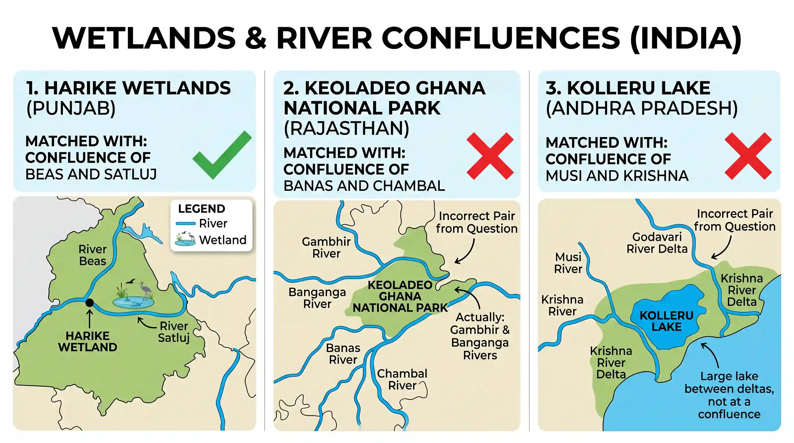 geography: Consider the following pairs : Wetlands Confluence of rivers 1. Harike Wetlands : Confluence of Beas and Satluj/Sutlej 2