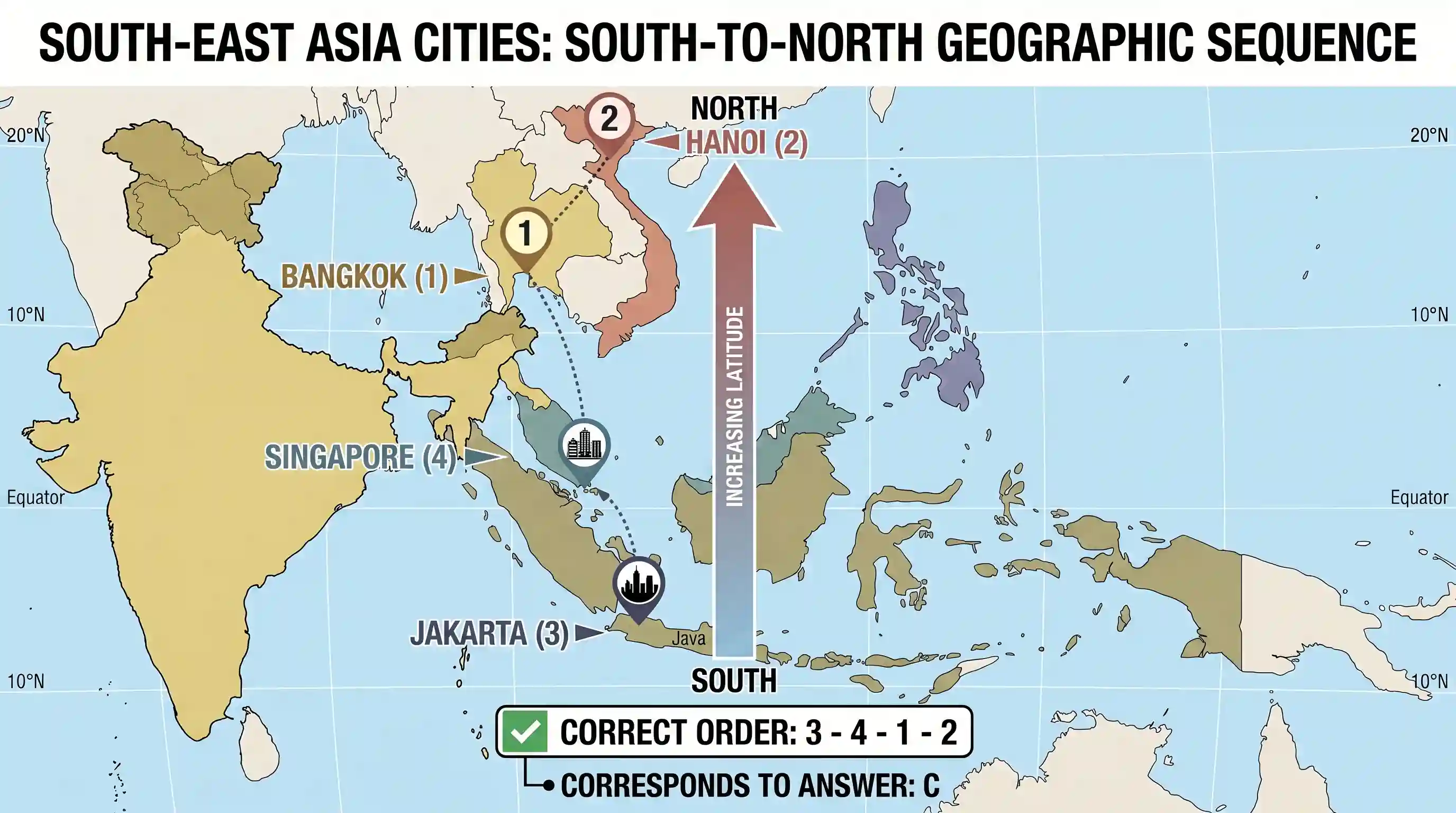 geography: What is the correct sequence of occurrence of the following cities in South-East Asia as one proceeds from south to nort