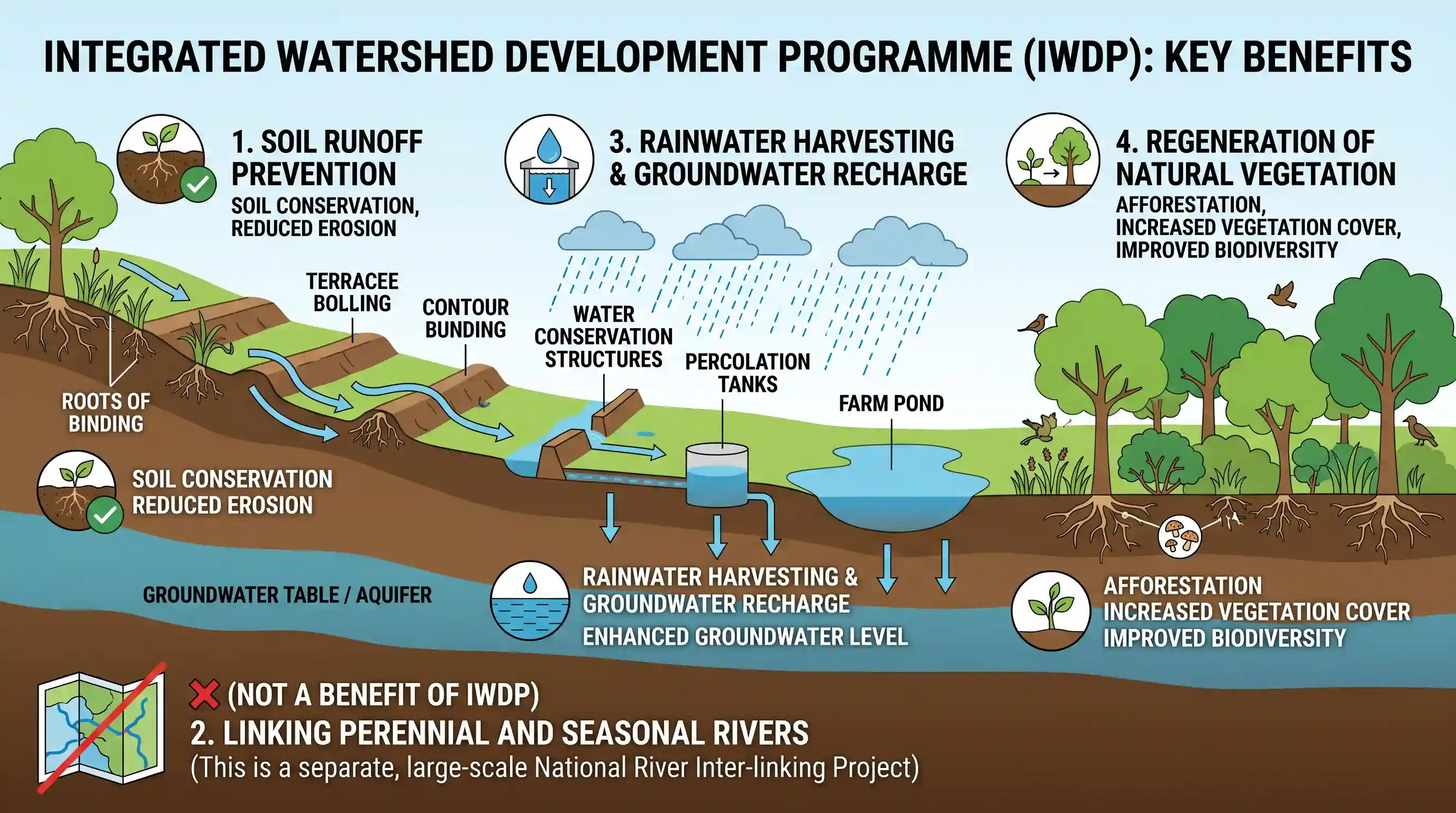 geography: What are the benefits of implementing the Integrated Watershed Development Programme? 1. Prevention of soil runoff 2. Li