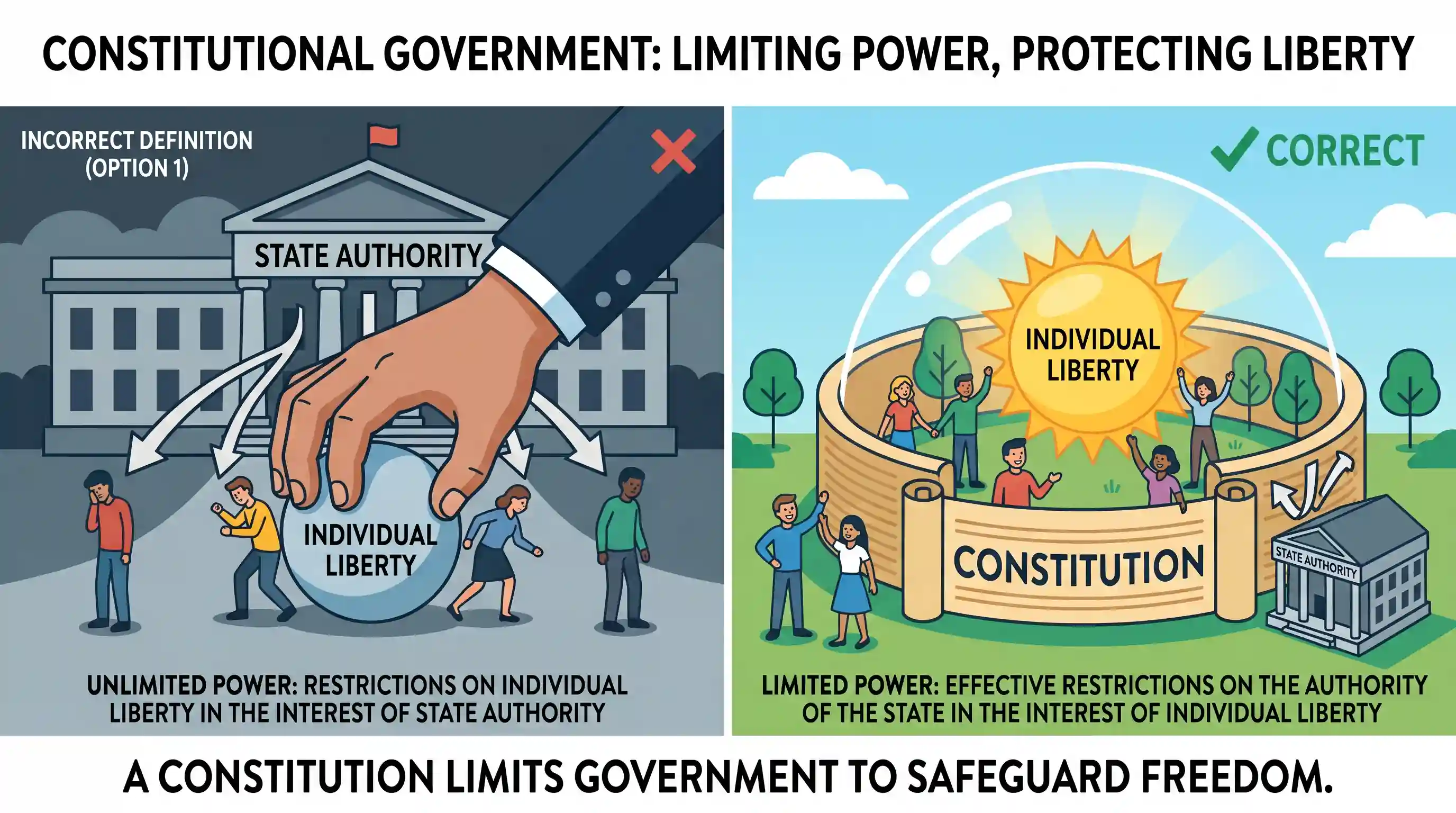 polity-and-governance: Consider the following statements : A Constitutional Government is one which 1. places effective restrictions on individ