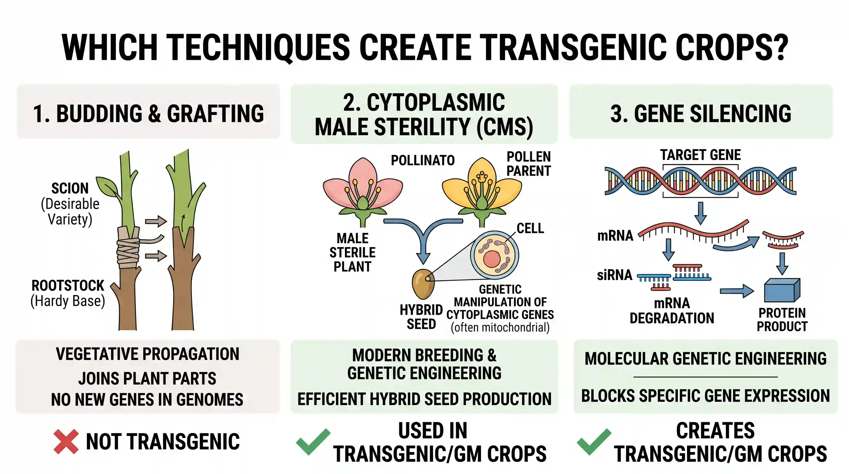 science-and-technology: Consider the following techniques/phenomena : 1. Budding and grafting in fruit plants 2. Cytoplasmic male sterility 3. G