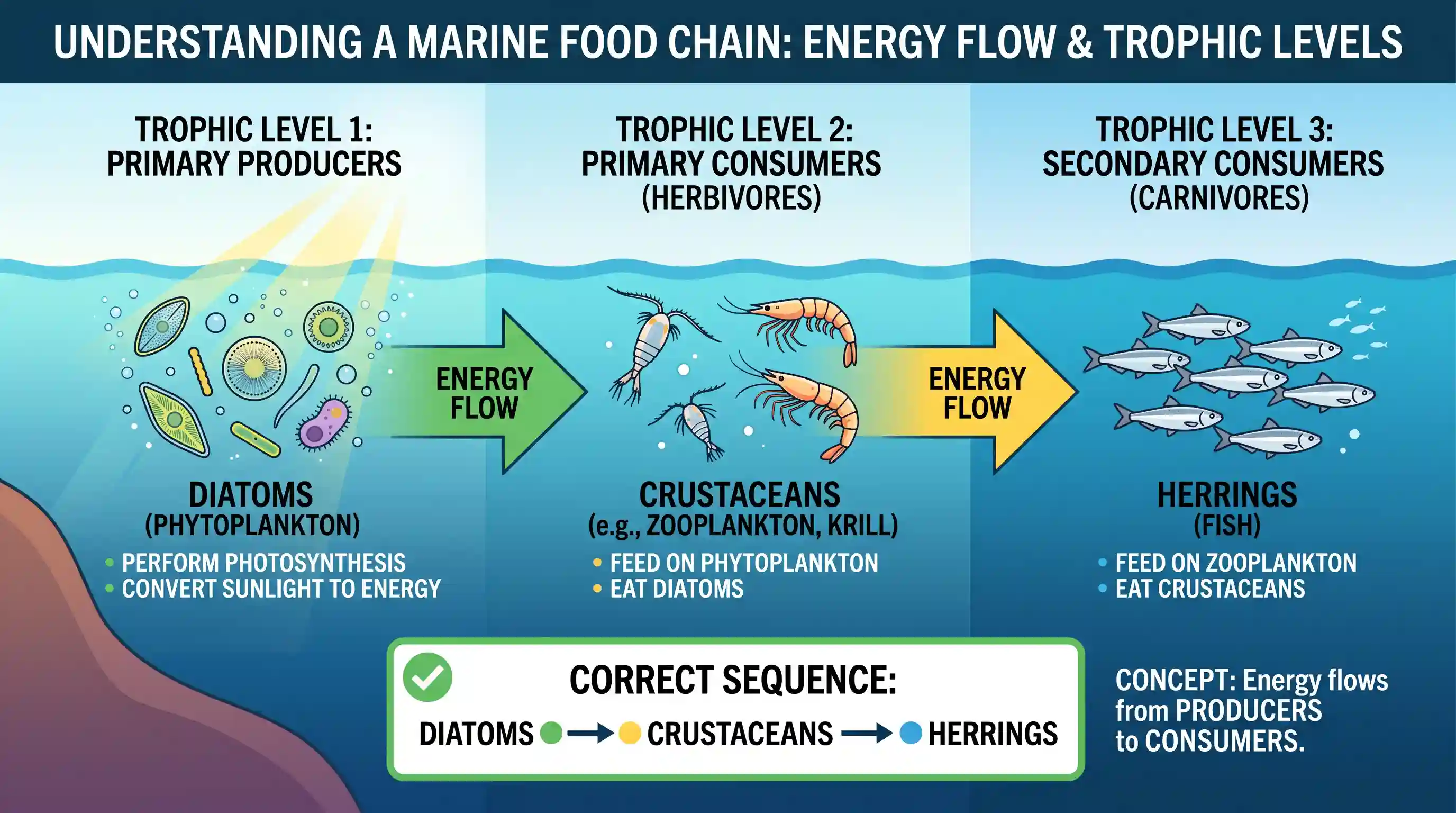 geography: Which one of the following is the correct sequence of a food chain?