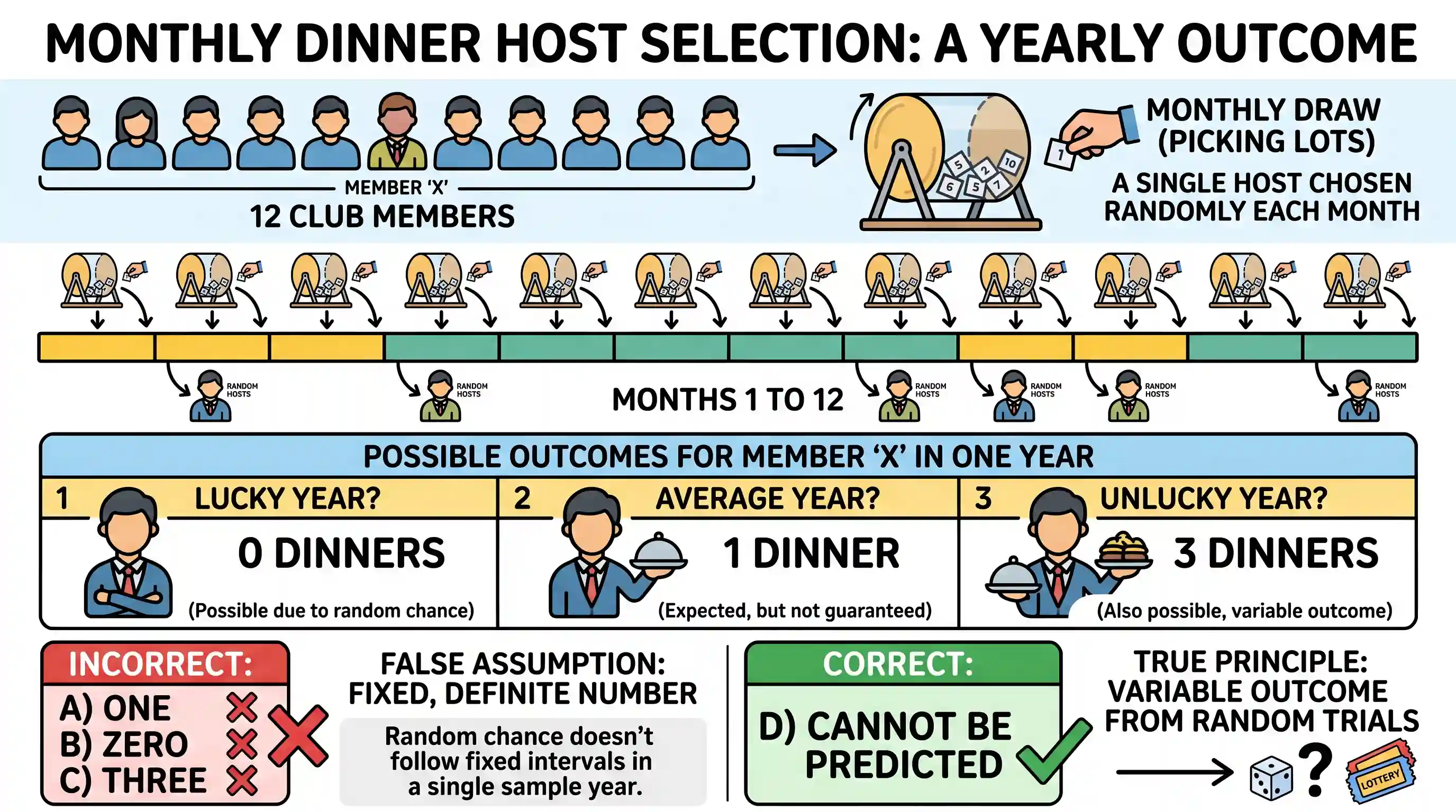 Quantitative Aptitude: Twelve people form a club. By picking lots, one of them will host a dinner for all once in a month. The number of dinner