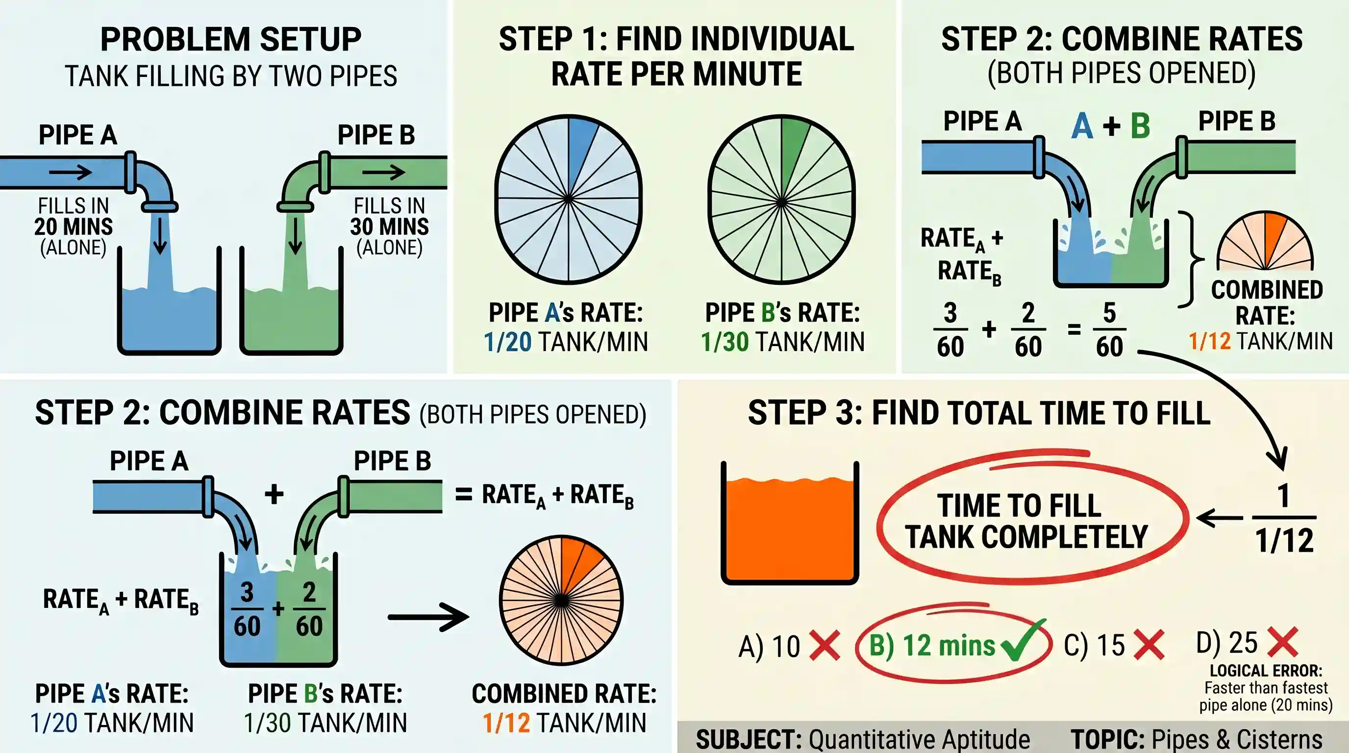 Quantitative Aptitude: Two pipes A and B can independently fill a tank completely in 20 and 30 minutes respectively. If both the pipes are open