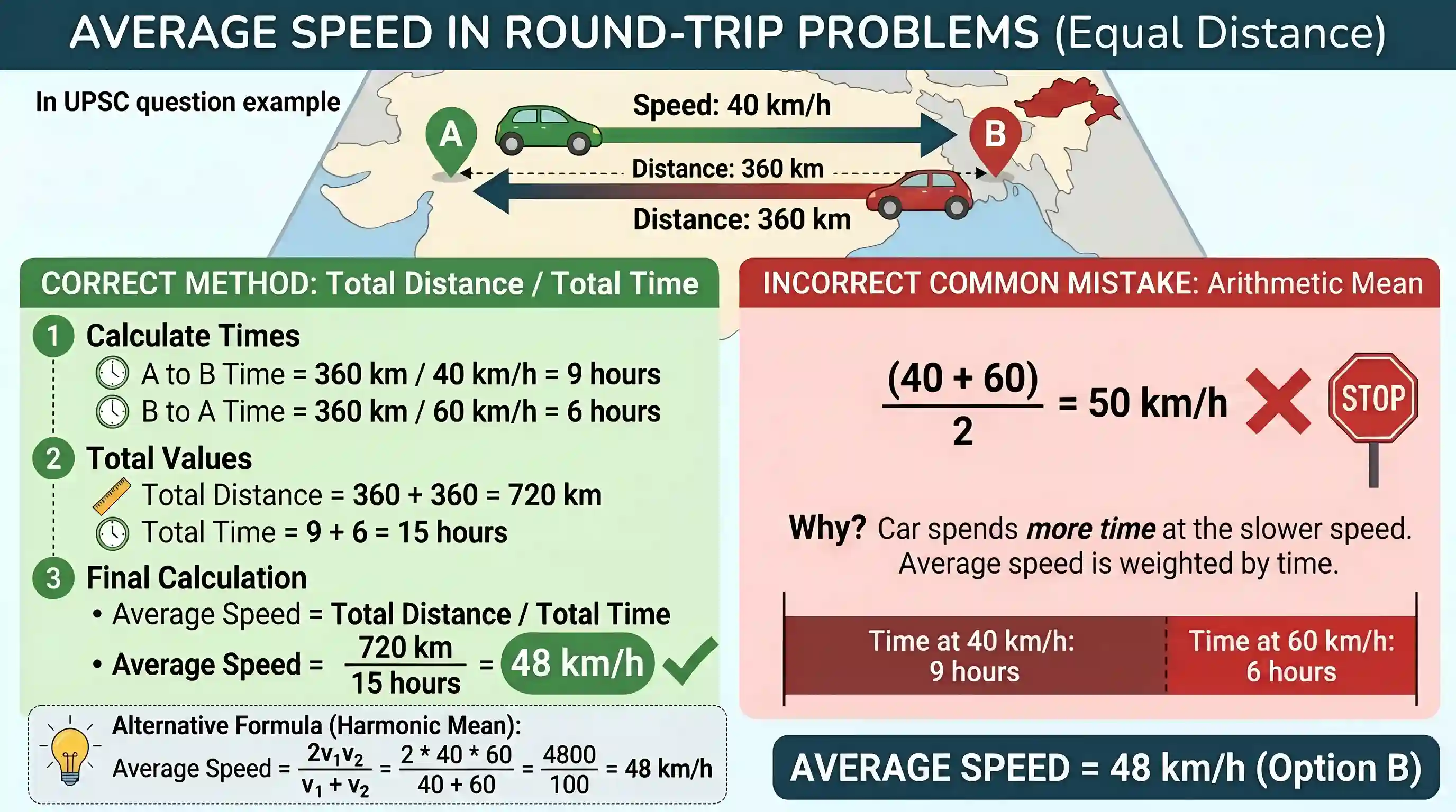 Quantitative Aptitude: Two cities A and B are 360 km apart. A car goes from A to B with a speed of 40 km/hr and returns to A with a speed of 60