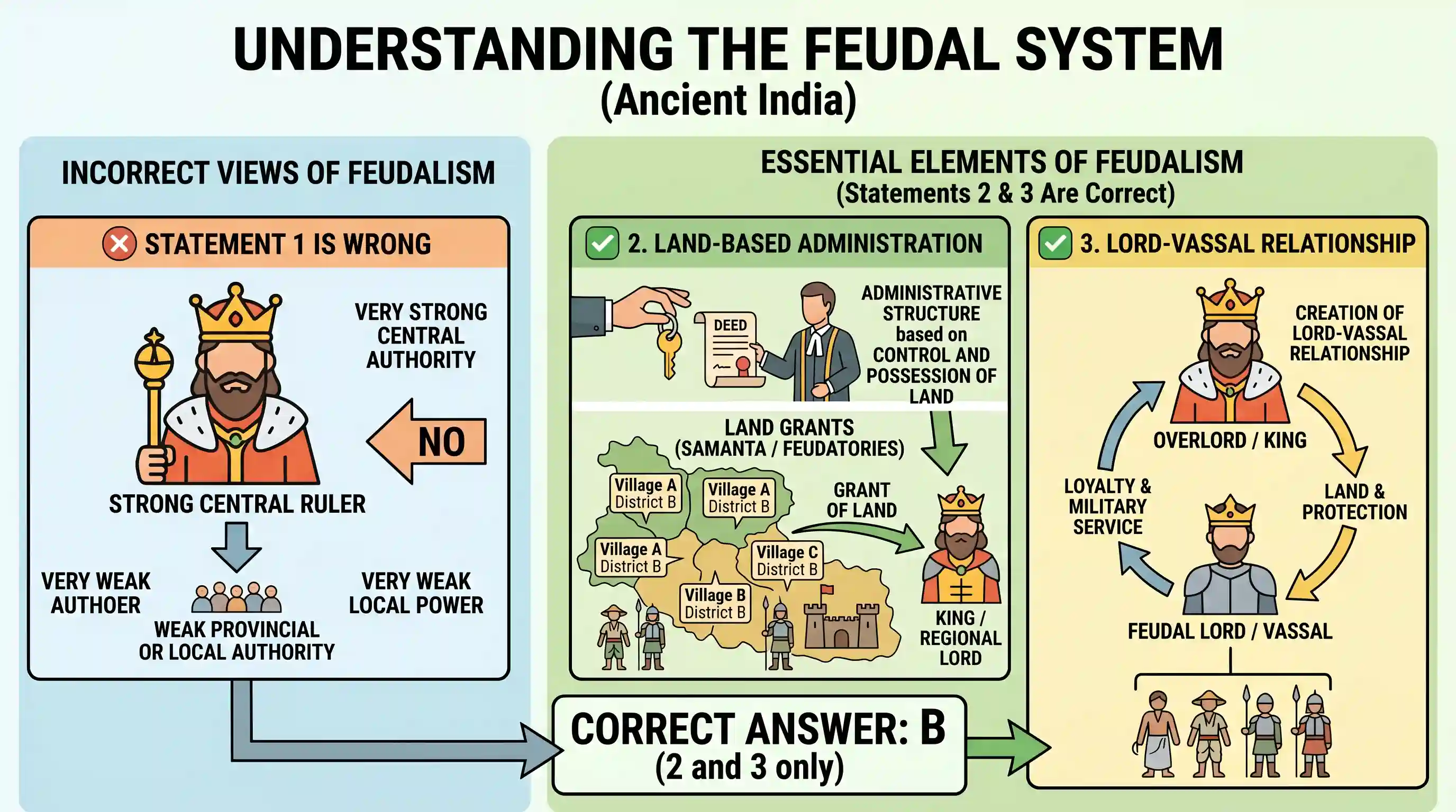 history: With reference to Indian history, which of the following is/are the essential element/elements of the feudal system? 1.