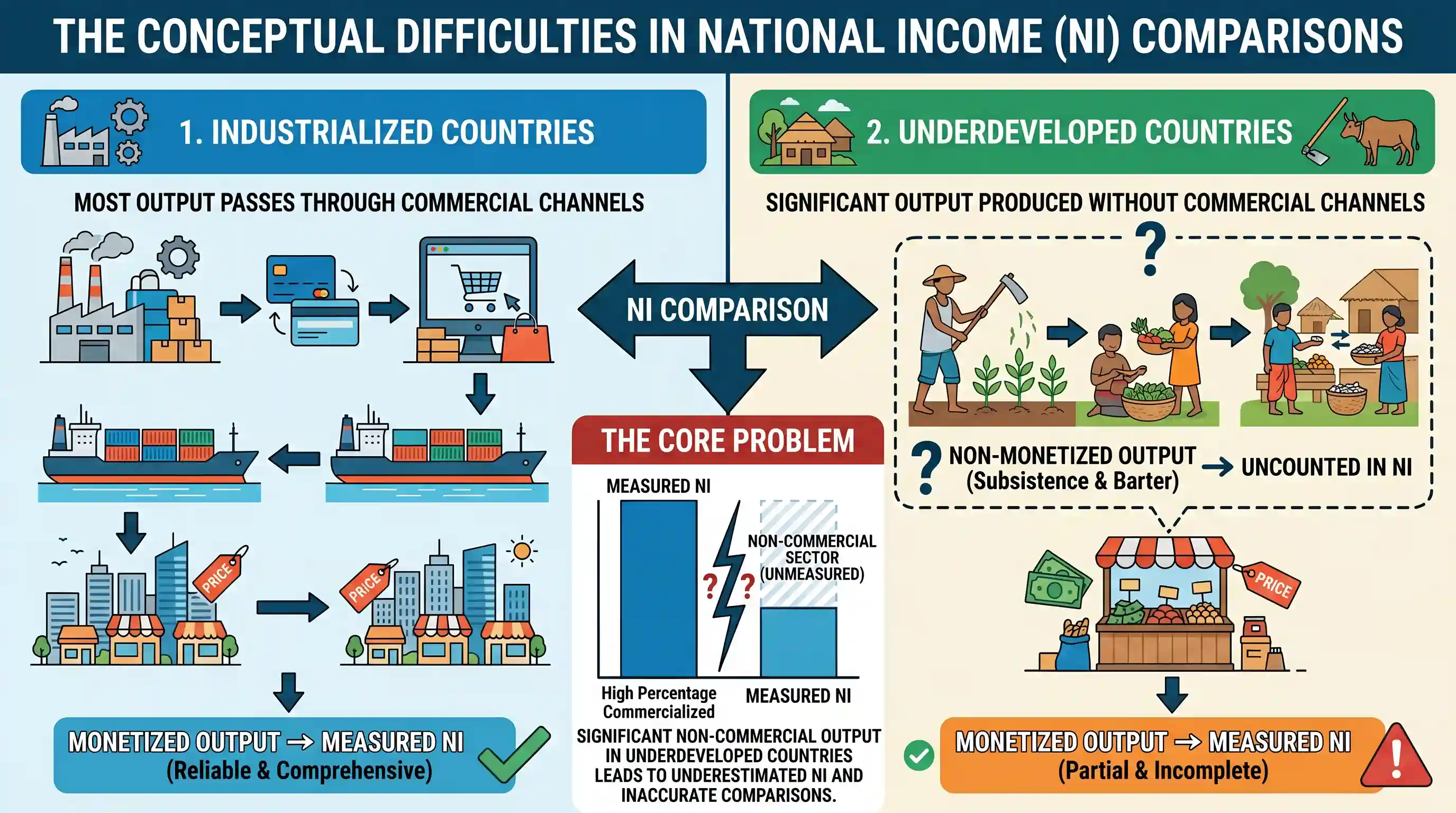 Reading Comprehension: The conceptual difficulties in National Income comparisons between underdeveloped and industrialised countries are parti