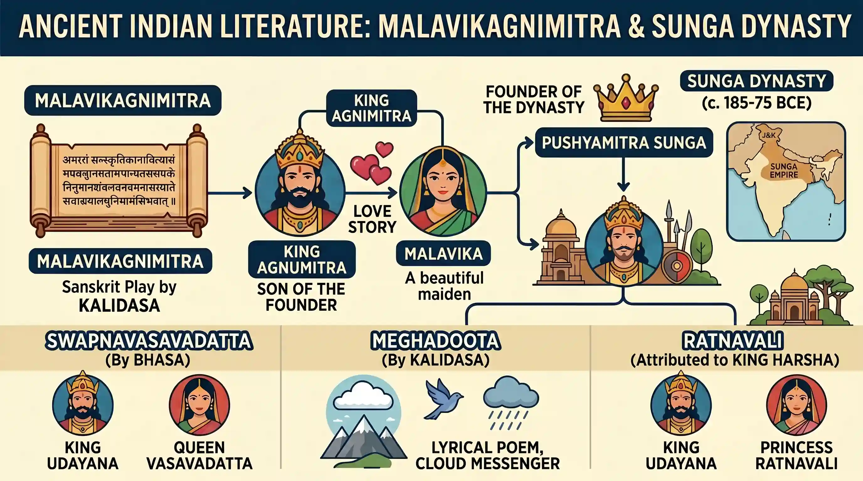 history: Which one of the following books of ancient India has the love story of the son of the founder of Sunga dynasty?