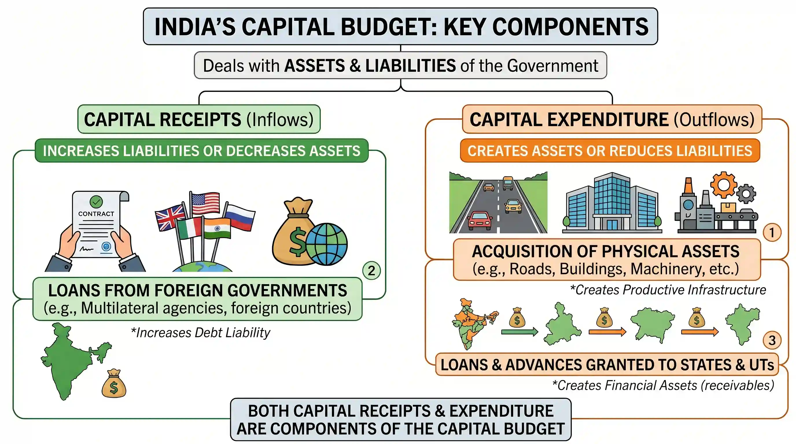 economy: Which of the following is/are included in the capital budget of the Government of India? 1. Expenditure on acquisition o