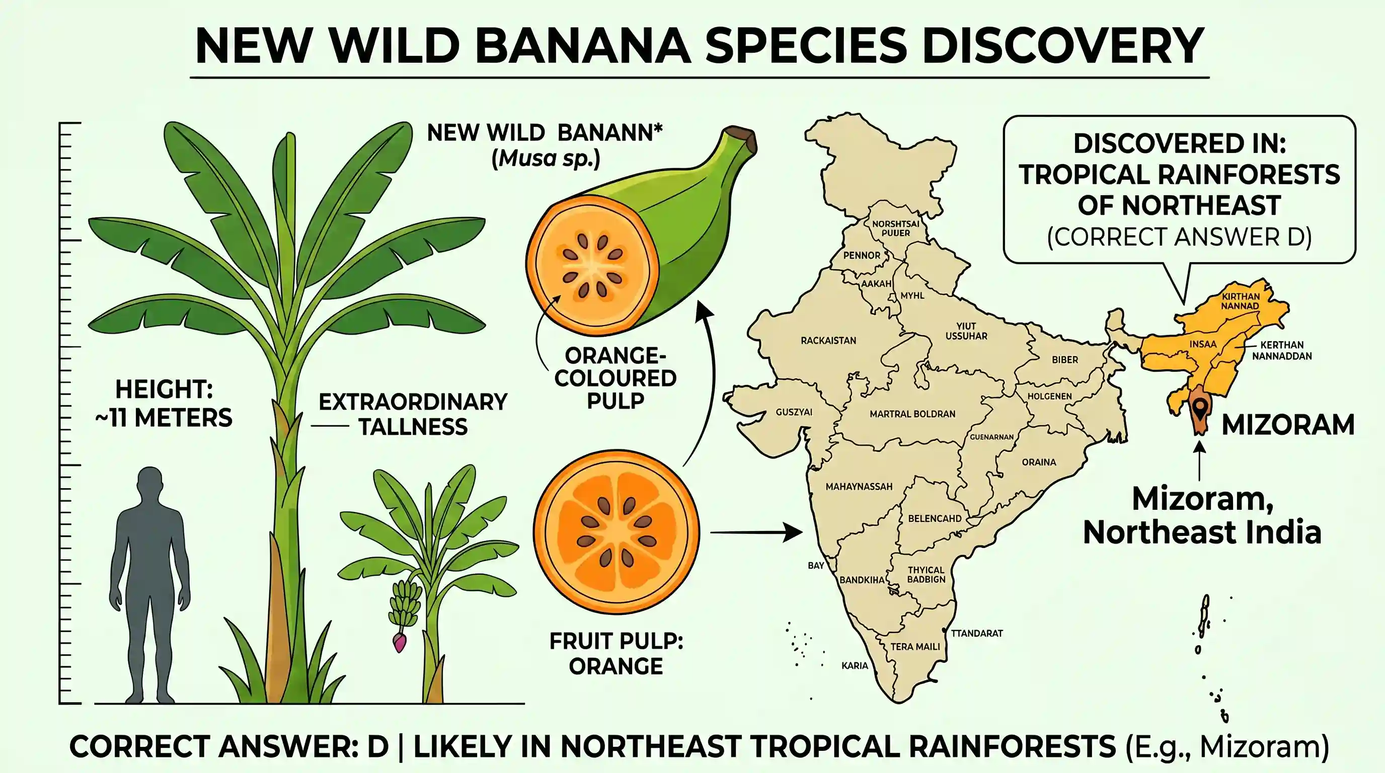 geography: Recently, our scientists have discovered a new and distinct species of banana plant which attains a height of about 11 m