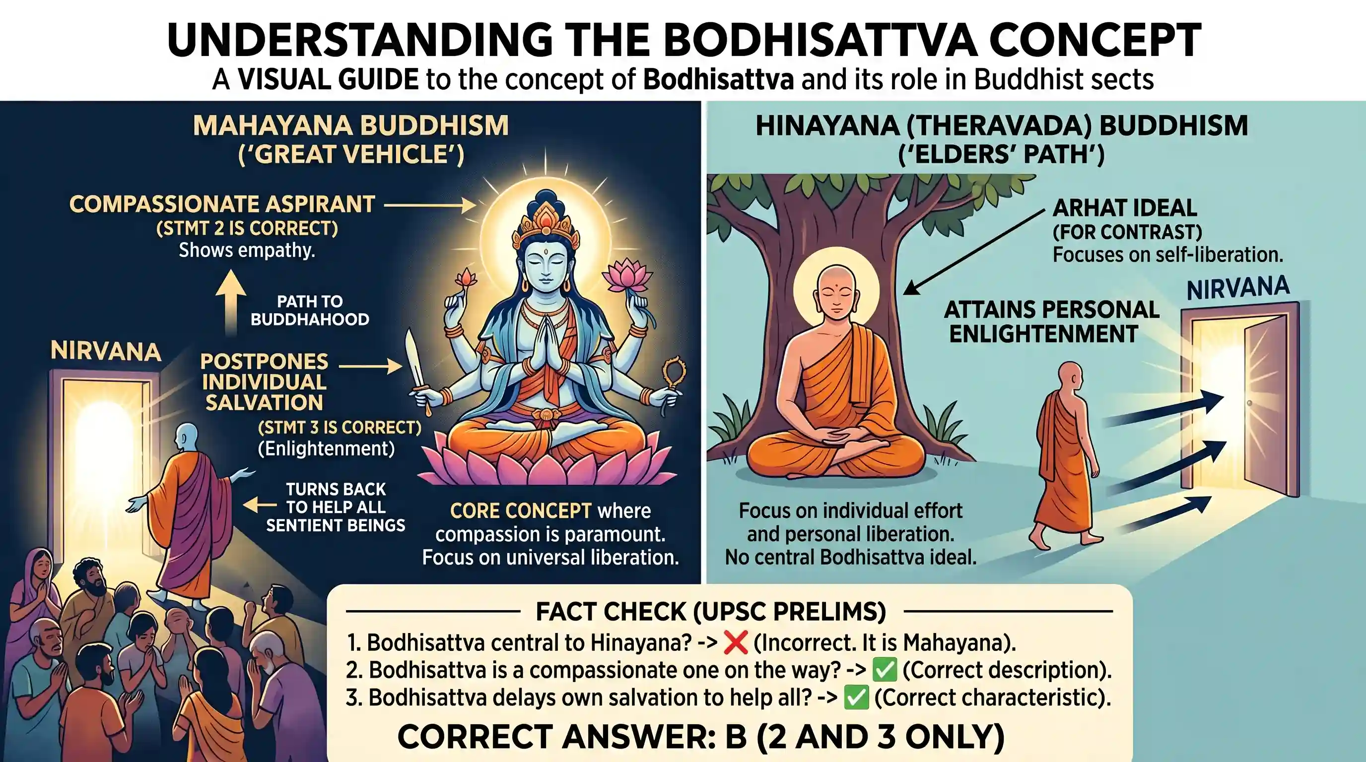 art-and-culture: With reference to the religious history of India, consider the following statements: 1. The concept of Bodhisattva is ce