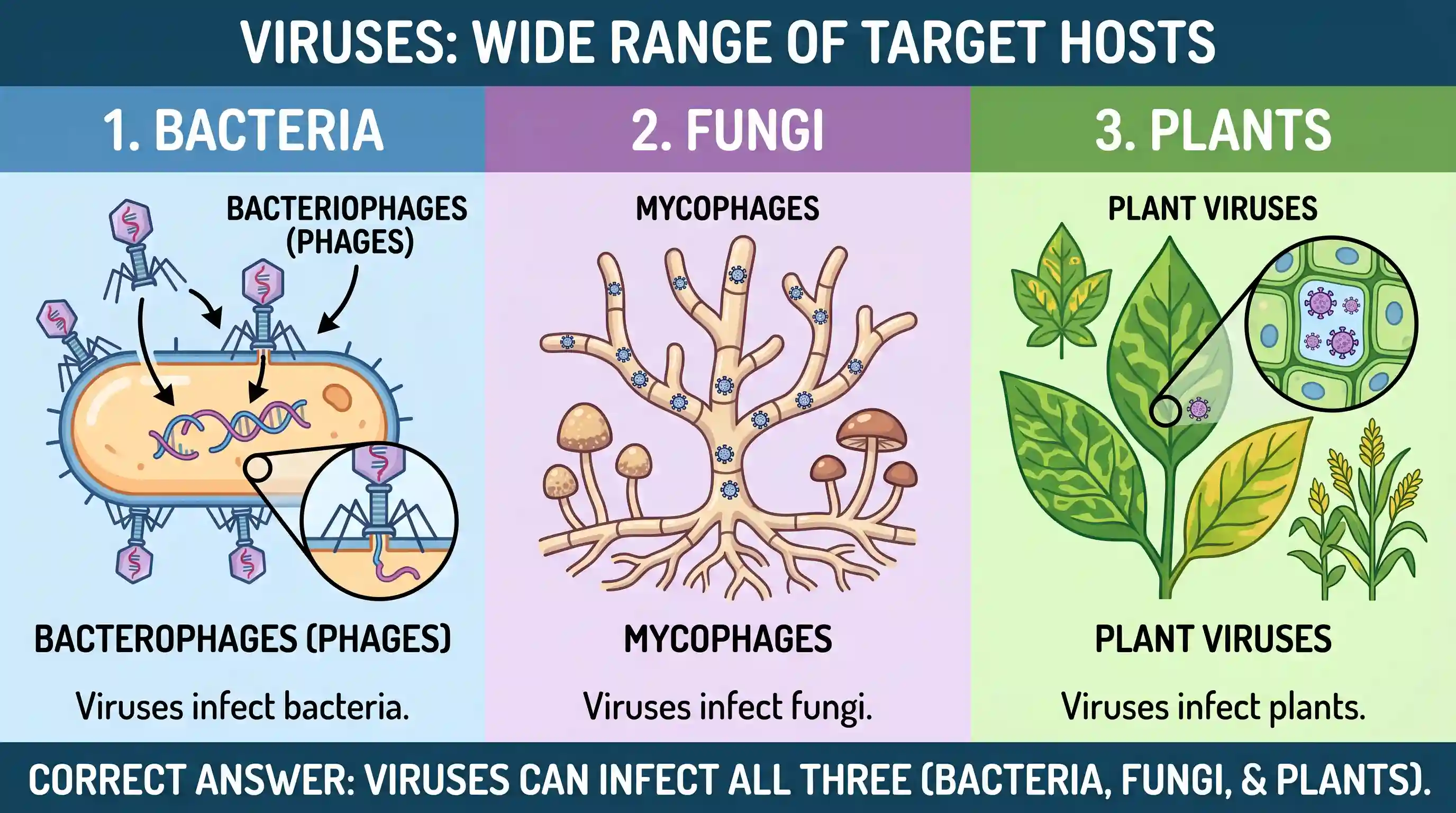 science-and-technology: Which of the following statements is/are correct? Viruses can infect 1. bacteria 2. fungi 3. plants Select the correct a