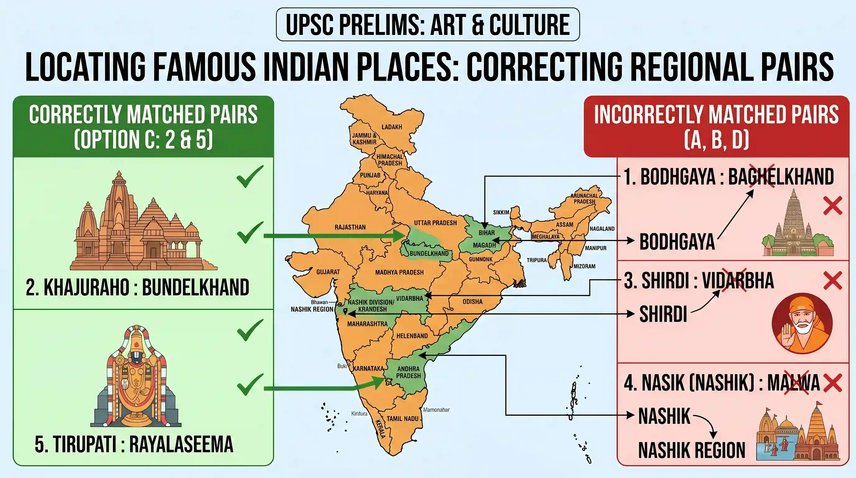 art-and-culture: Consider the following pairs: Famous place : Region 1. Bodhgaya : Baghelkhand 2. Khajuraho : Bundelkhand 3. Shirdi : Vid