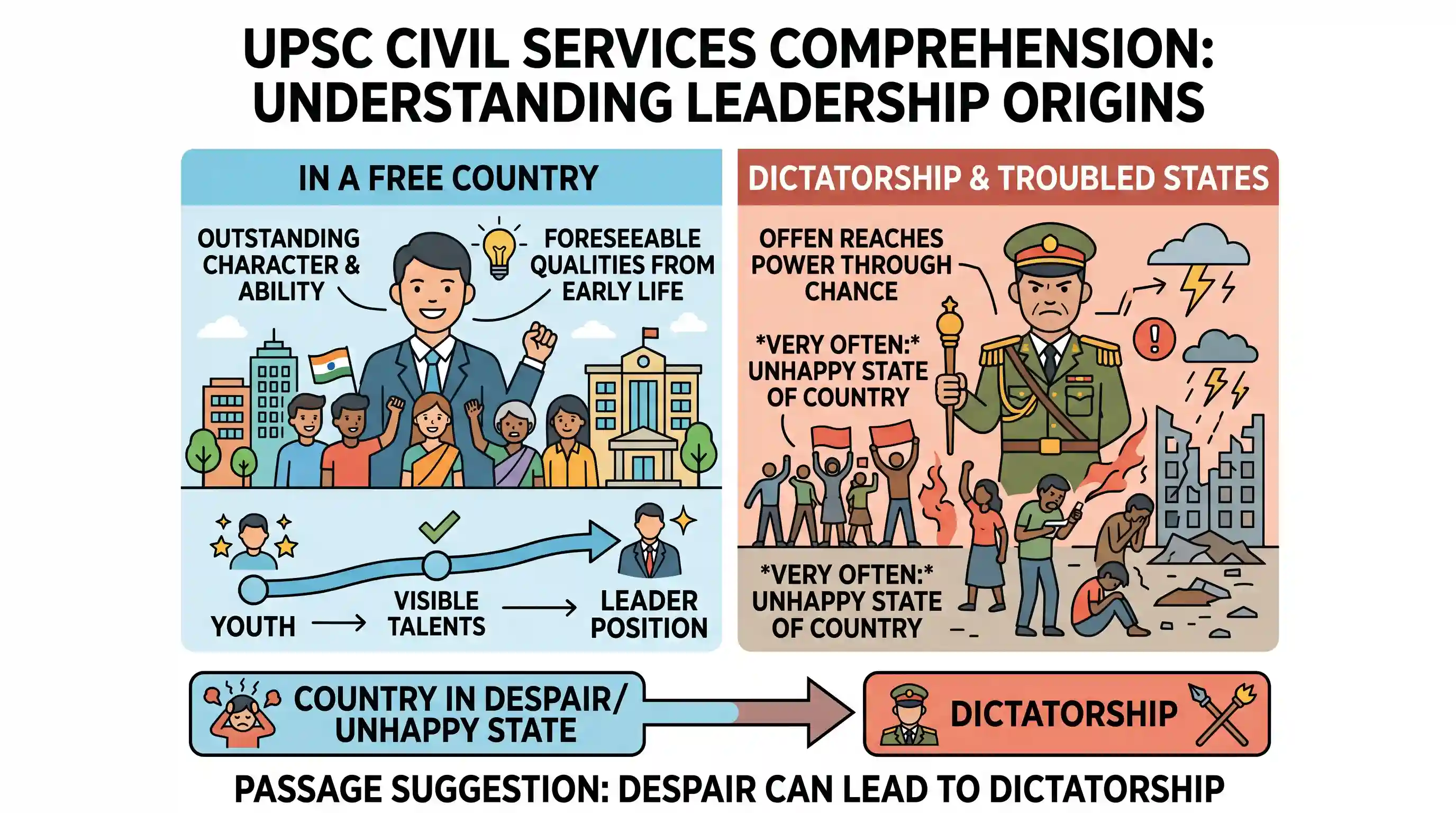 Reading Comprehension: In a free country, the man who reaches the position of leader is usually one of outstanding, character and ability. More