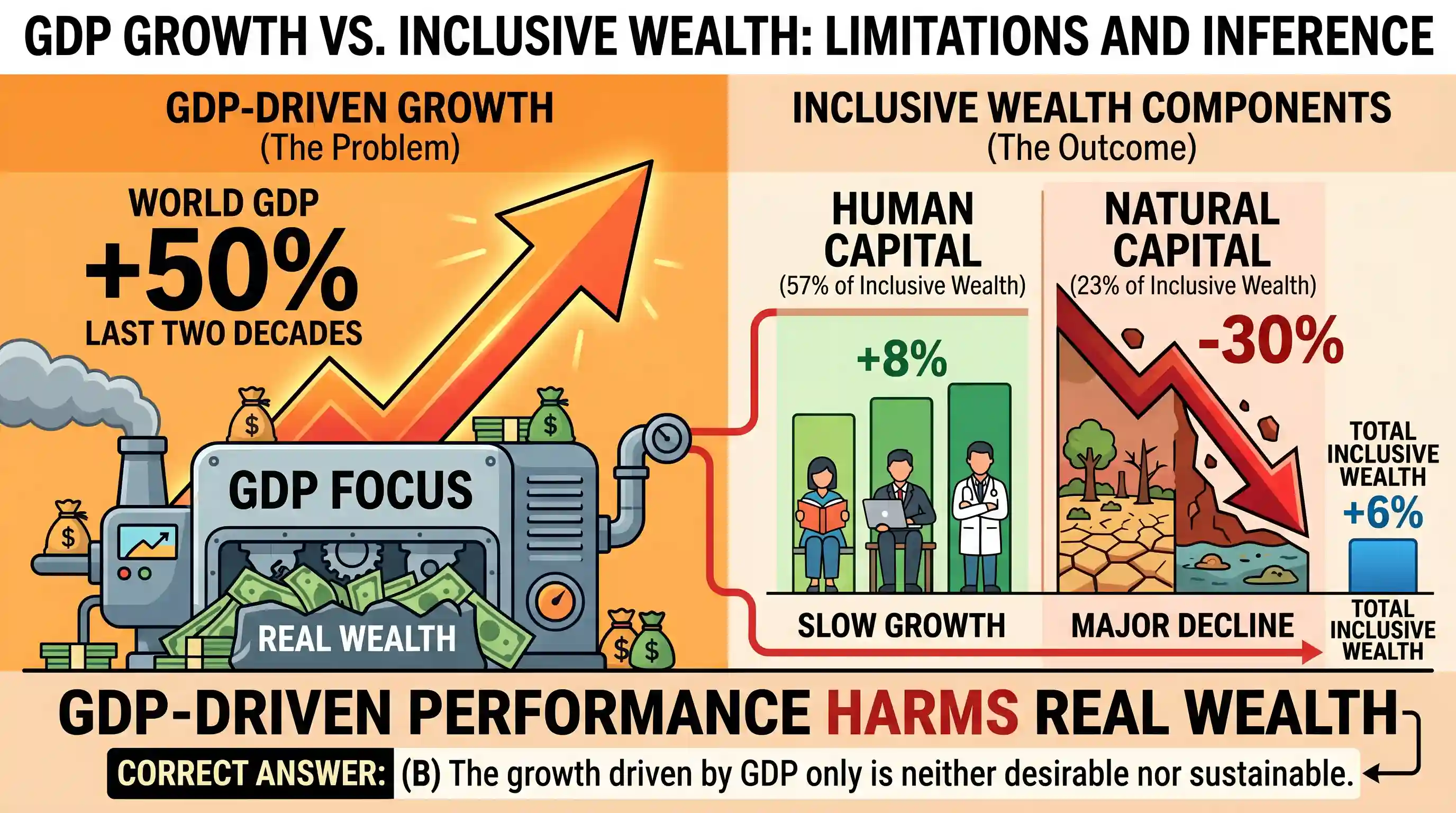 Reading Comprehension: In the last two decades, the world's gross domestic product (GDP) has increased 50 percent, whereas inclusive wealth has