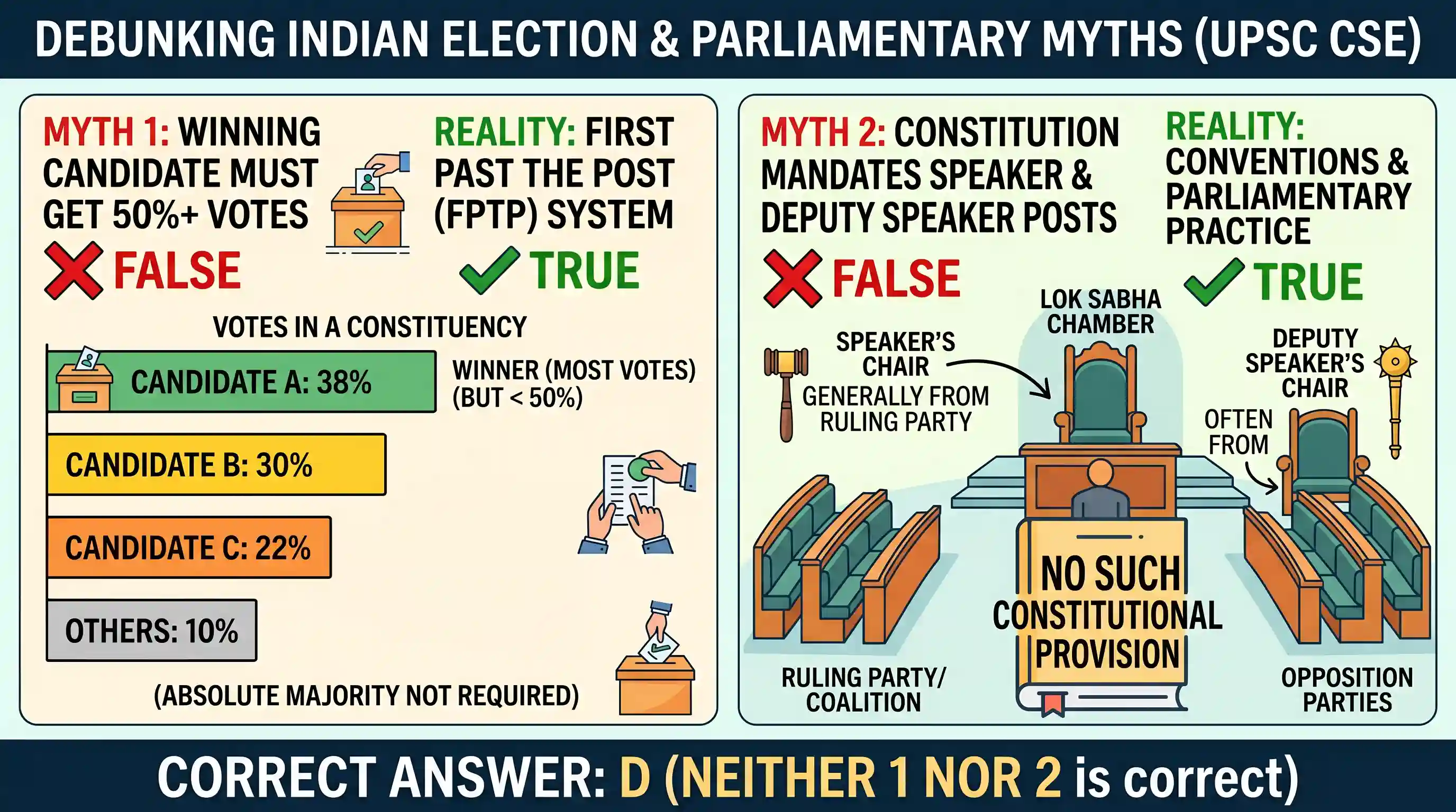 polity-and-governance: Consider the following statements: 1. In the election for Lok Sabha or State Assembly, the winning candidate must get at