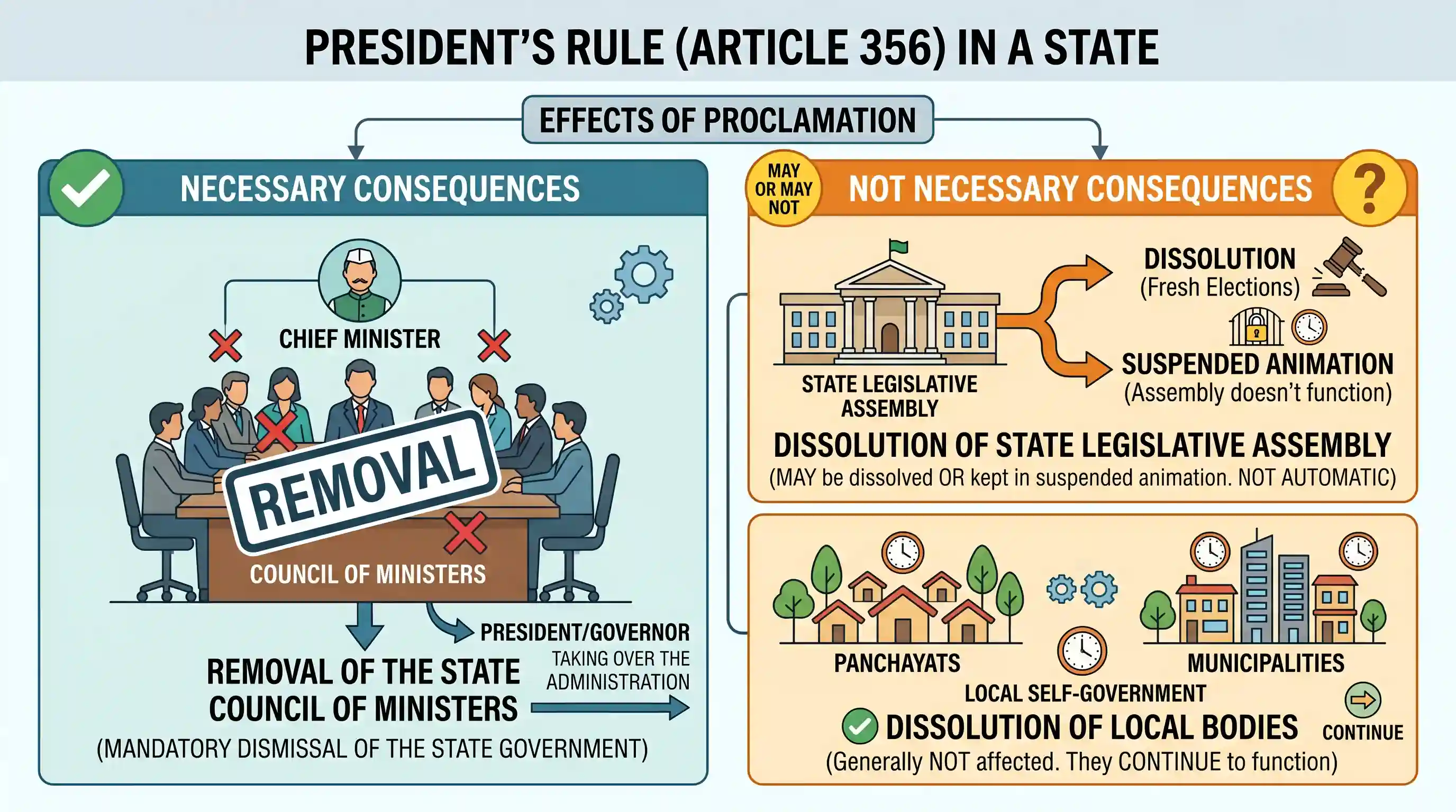 polity-and-governance: Which of the following are not necessarily the consequences of the proclamation of the President's rule in a State? 1. D