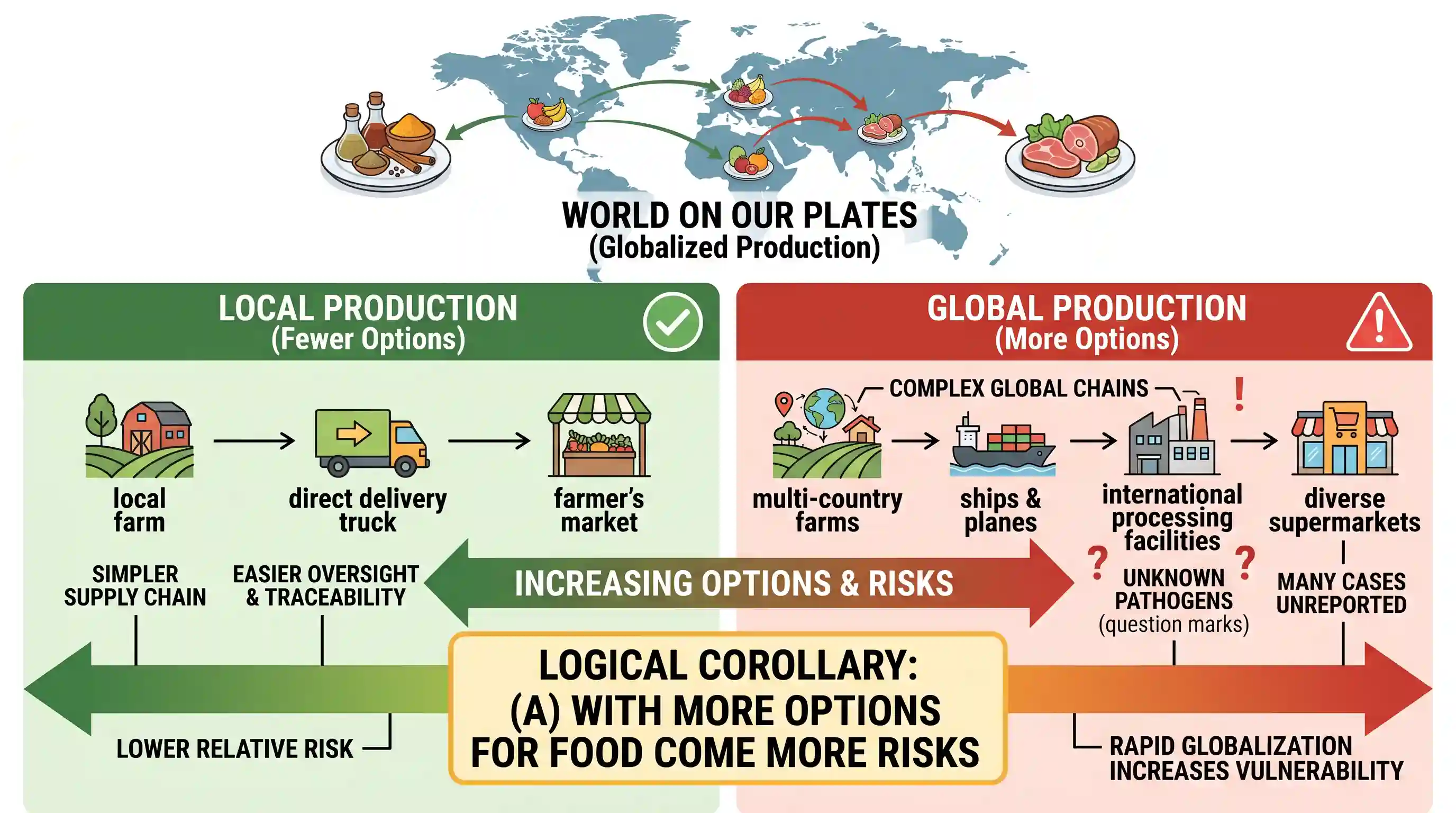 Reading Comprehension: Many pathogens that cause foodborne illnesses are unknown. Food contamination can occur at any stage from farm to plate.