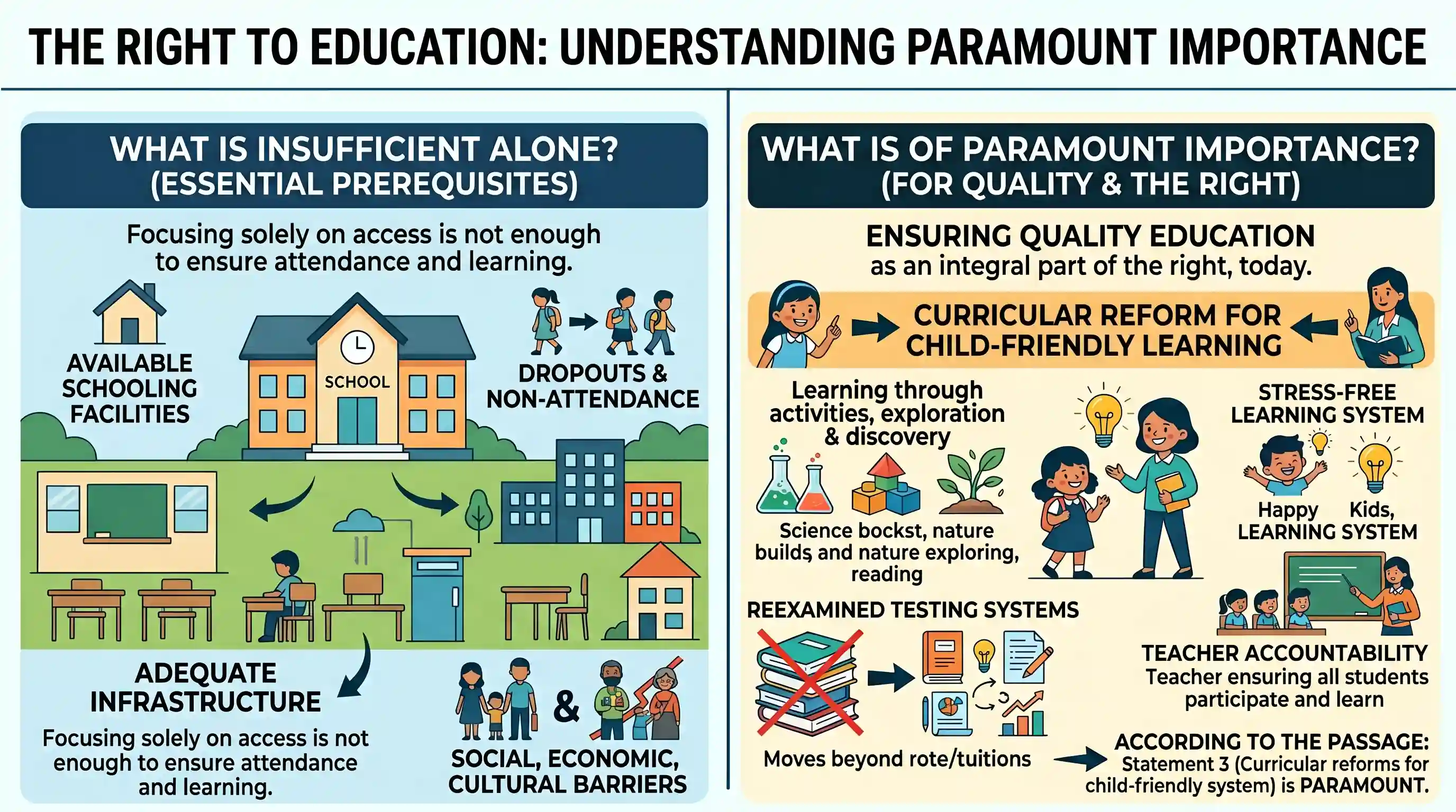 Reading Comprehension: It is no longer enough for us to talk about providing for universal access to education. Making available schooling faci