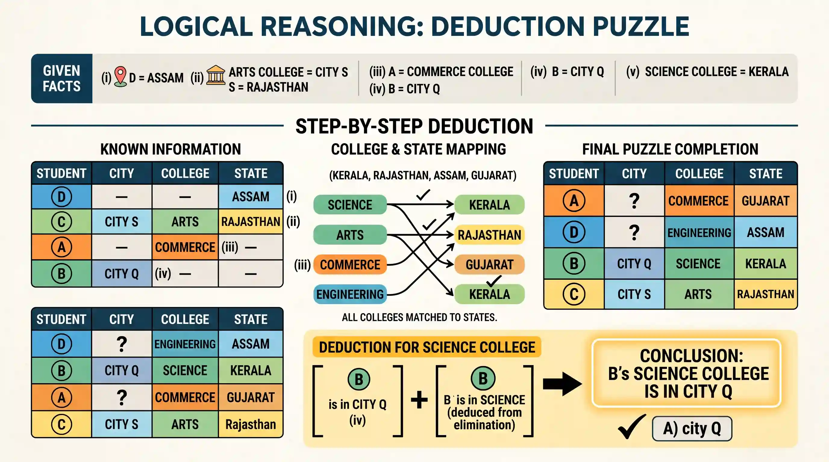 Logical Reasoning: A, B, C and D are students. They are studying in four different cities, viz., P, Q, R and S (not necessarily in that ord