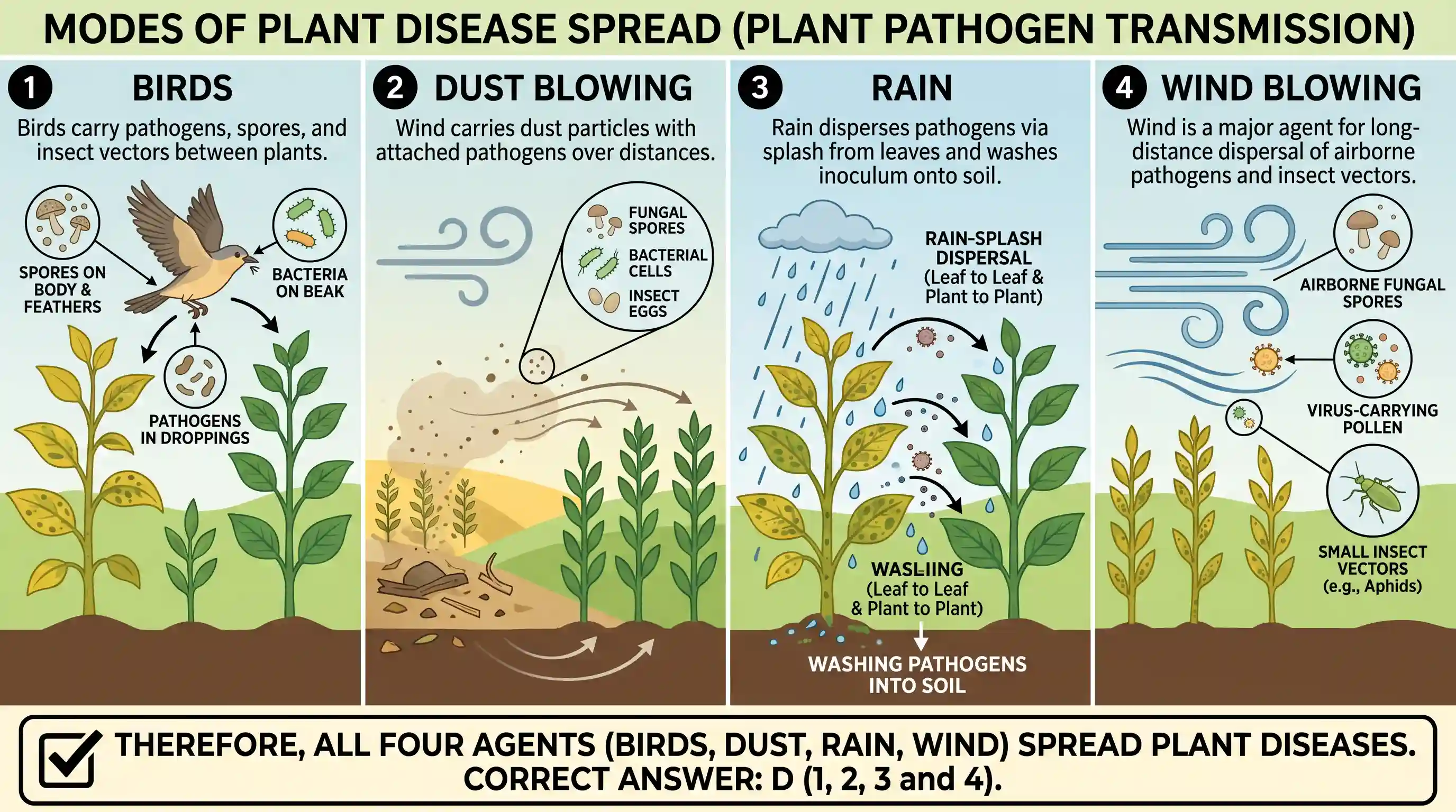 geography: Consider the following: 1. Birds 2. Dust blowing 3. Rain 4. Wind blowing Which of the above spread plant diseases ?