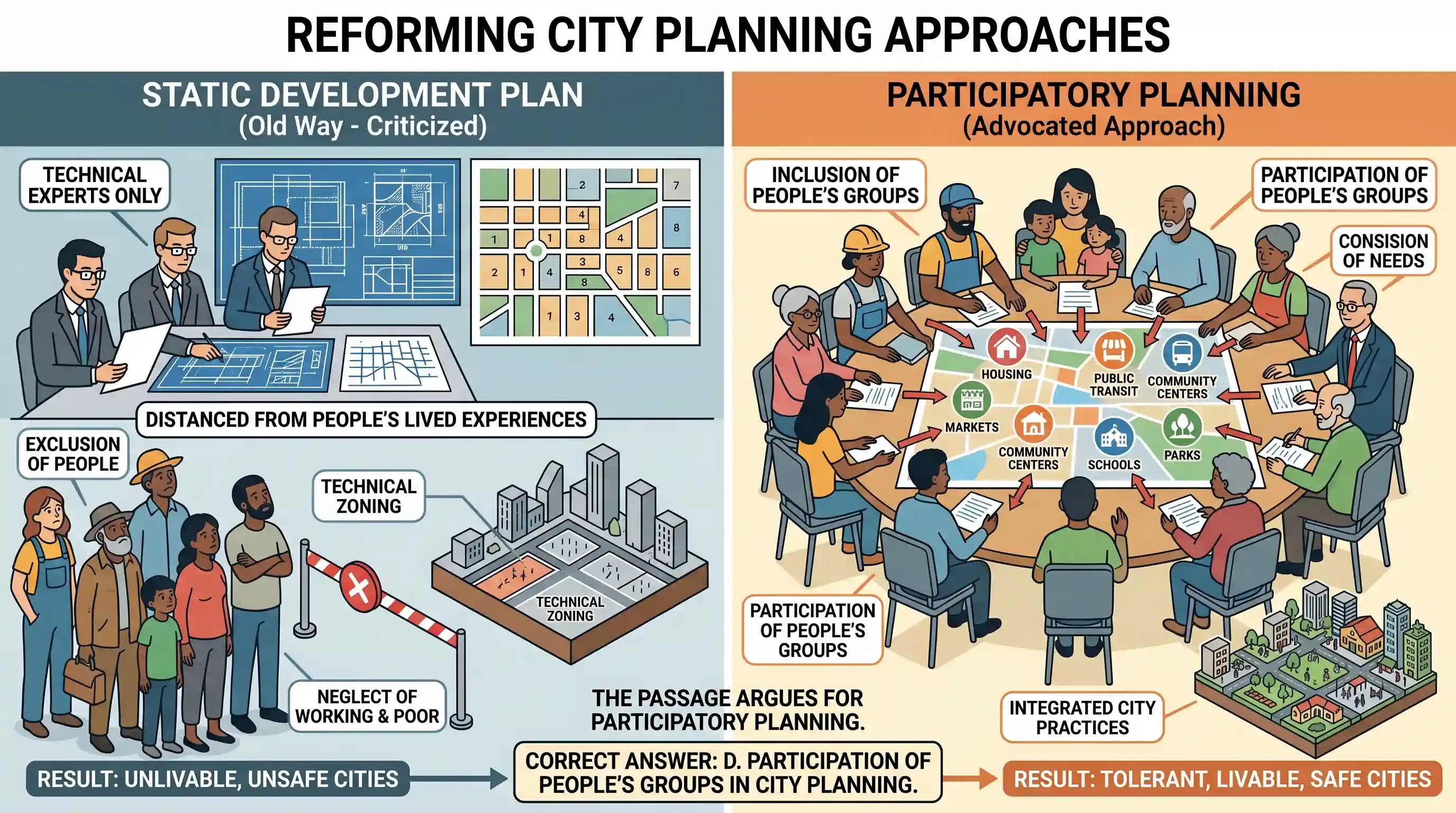 Reading Comprehension: The interests of working and poor people have historically been neglected in the planning of our cities. Our cities are