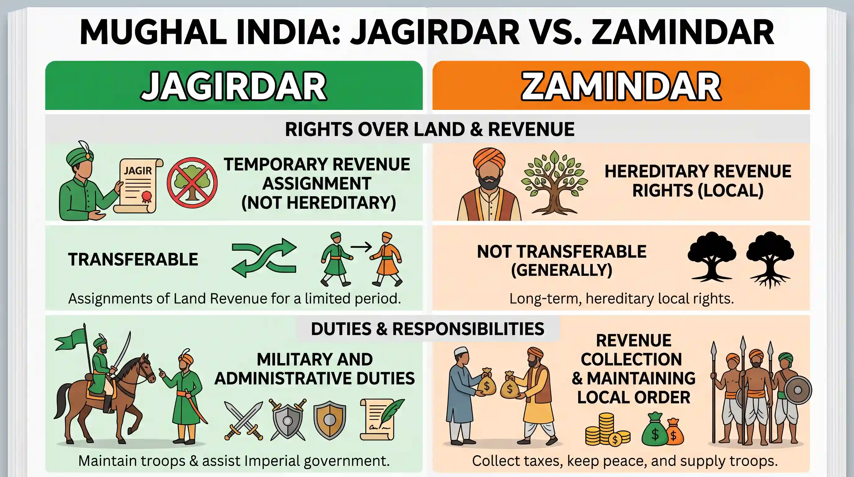 history: With reference to Mughal India, what is/are the difference/differences between Jagirdar and Zamindar? 1. Jagirdars were