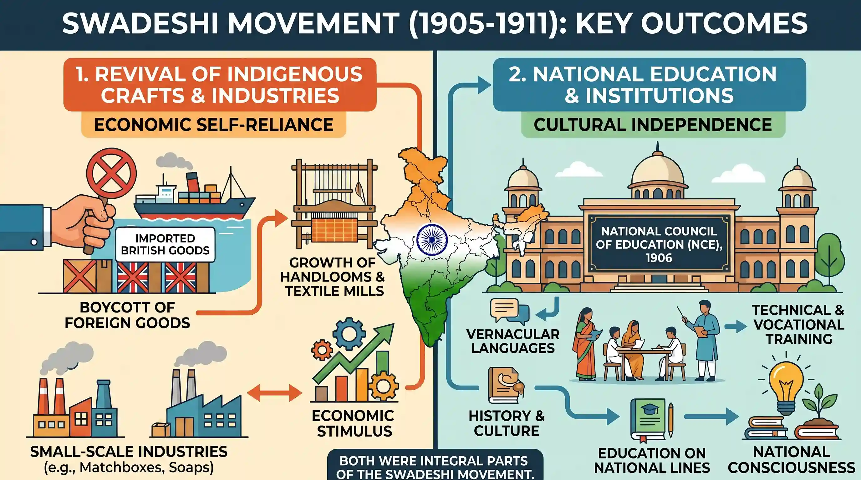 history: With reference to Swadeshi Movement, consider the following statements: 1. It contributed to the revival of the indigeno