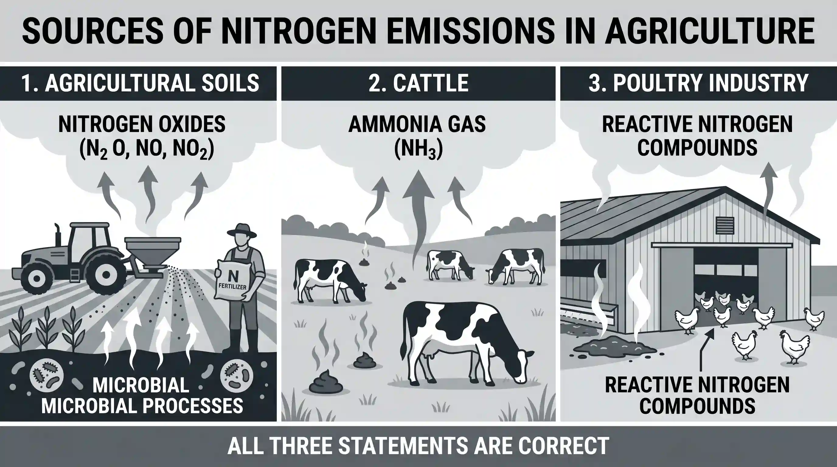 geography: Consider the following statements: 1. Agricultural soils release nitrogen oxides into environment. 2. Cattle release amm