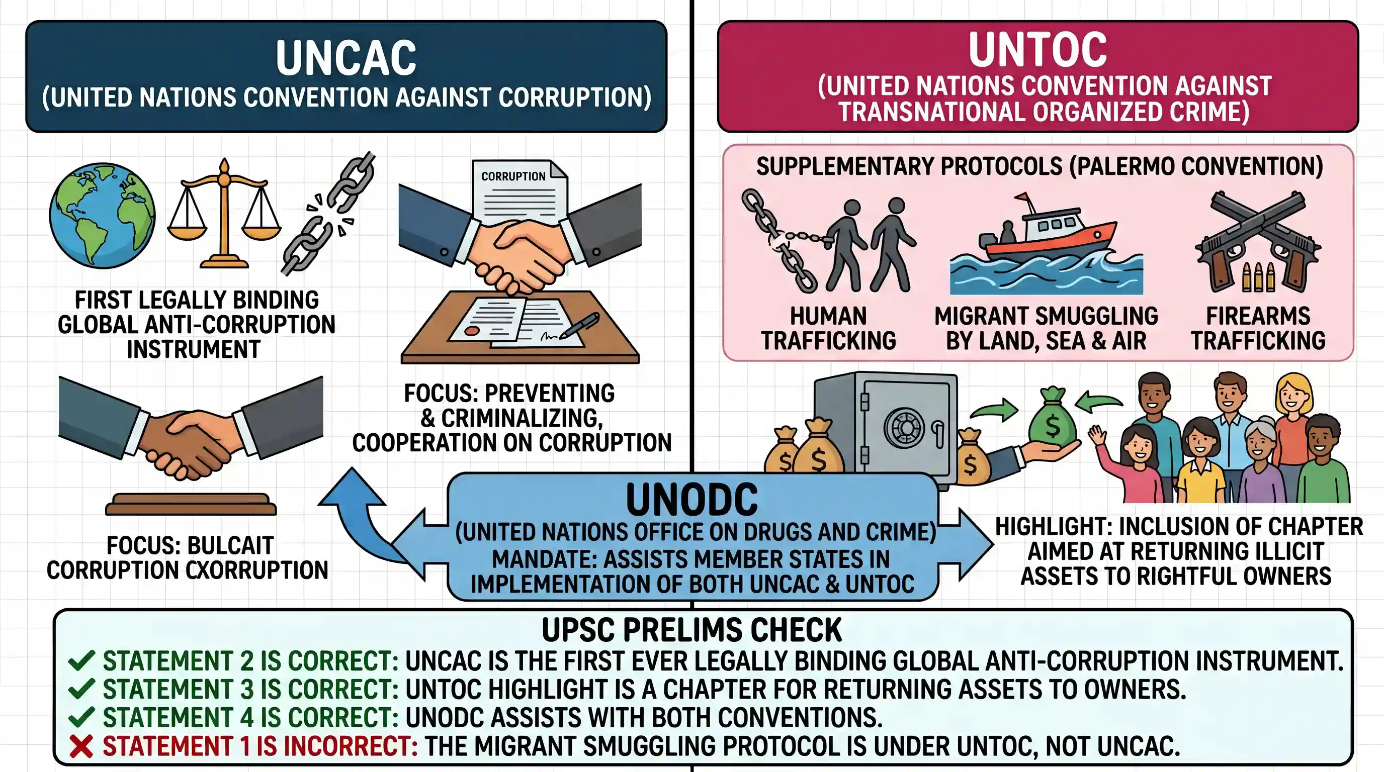 polity-and-governance: Consider the following statements: 1. The United Nations Convention against Corruption (UNCAC) has a 'Protocol against t