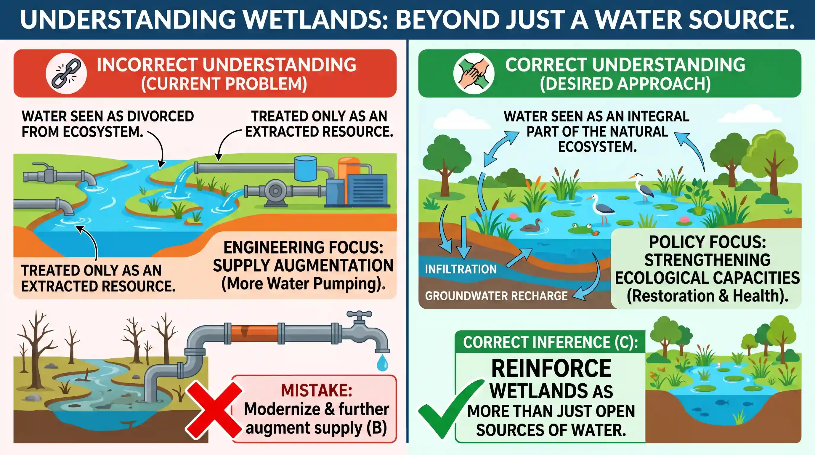 Reading Comprehension: One of the biggest ironies around water is that it comes from rivers and other wetlands. Yet it is seen as divorced from