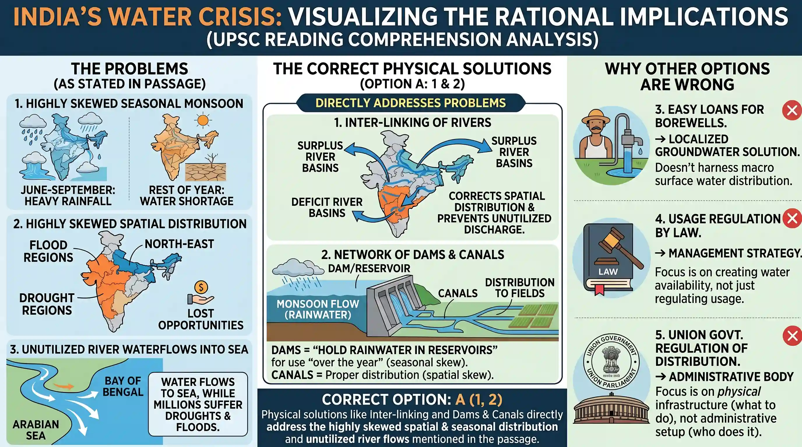 Reading Comprehension: Many opportunities to harness the highly skewed, seasonal and spatial distribution of monsoon flows, which occur in a fo