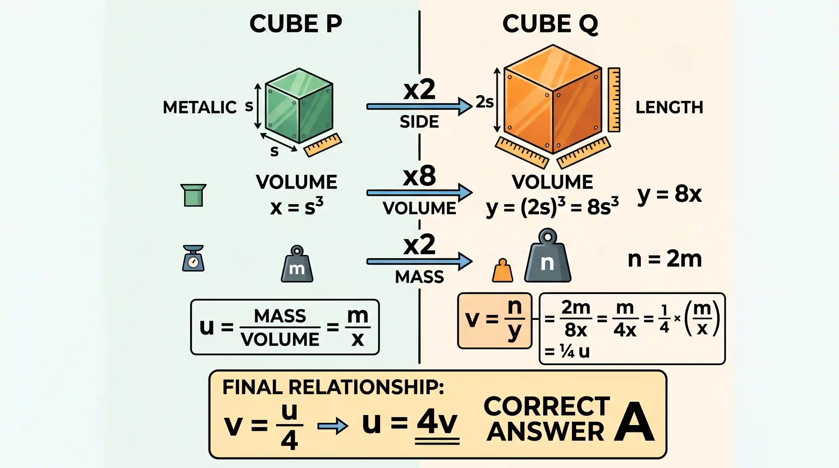 Quantitative Aptitude: Let x,y be the volumes; m,n be the masses of two metallic cubes P and Q respectively. Each side of Q is two times that o