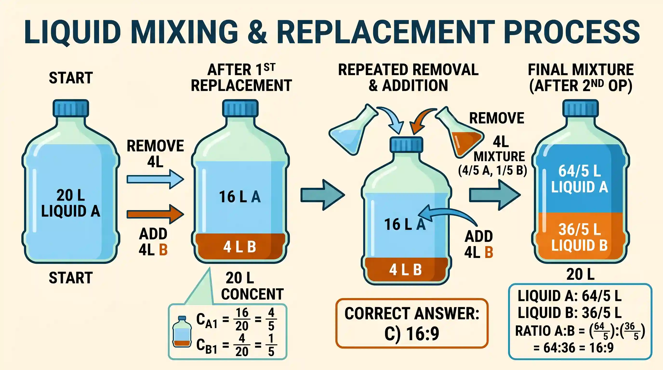 Quantitative Aptitude: A bottle contains 20 litres of liquid A. 4 litres of liquid A is taken out of it d replaced by same quantity of liquid B
