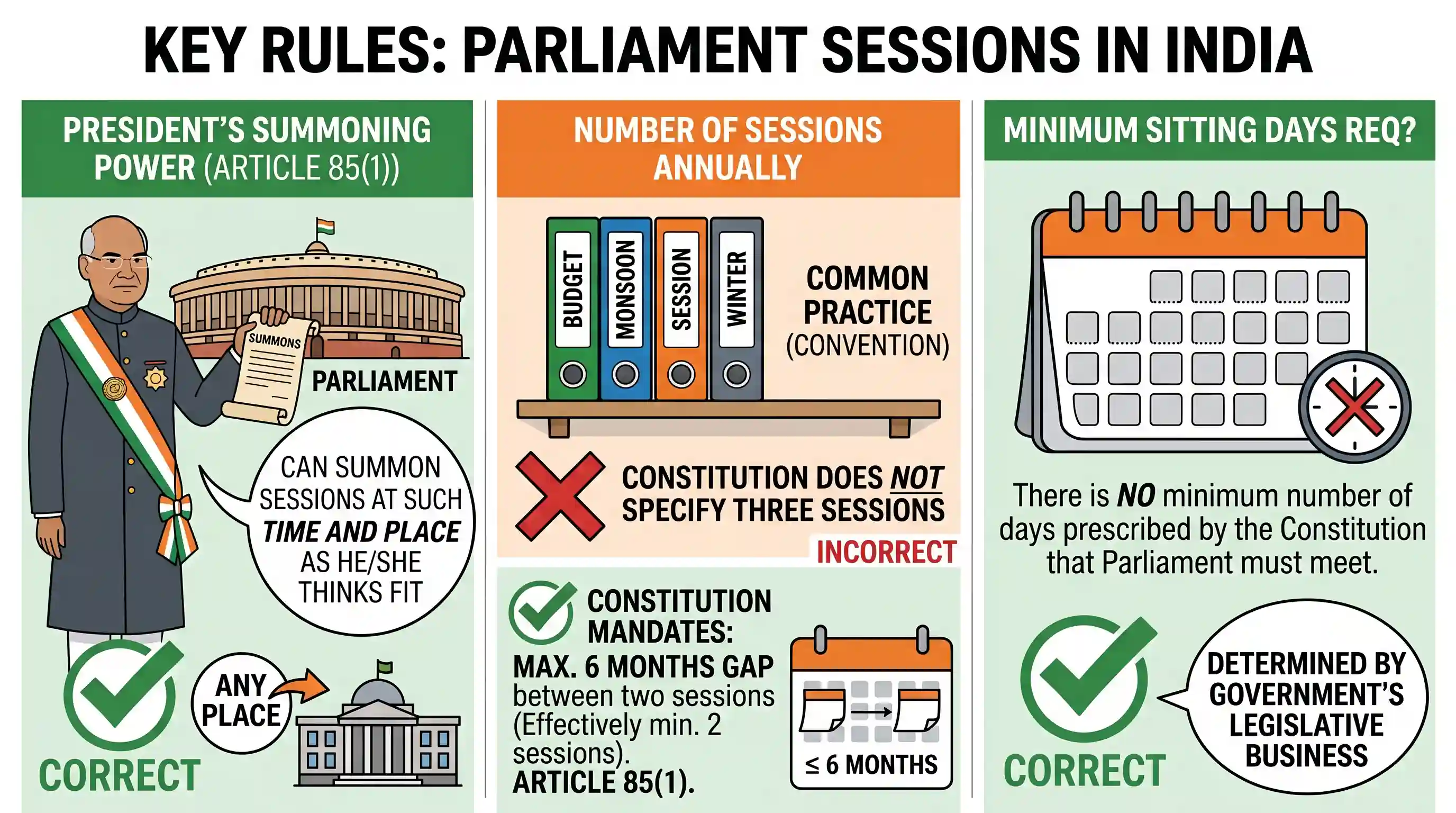 polity-and-governance: Consider the following statements: 1. The President of India can summon a session of the Parliament at such place as he/