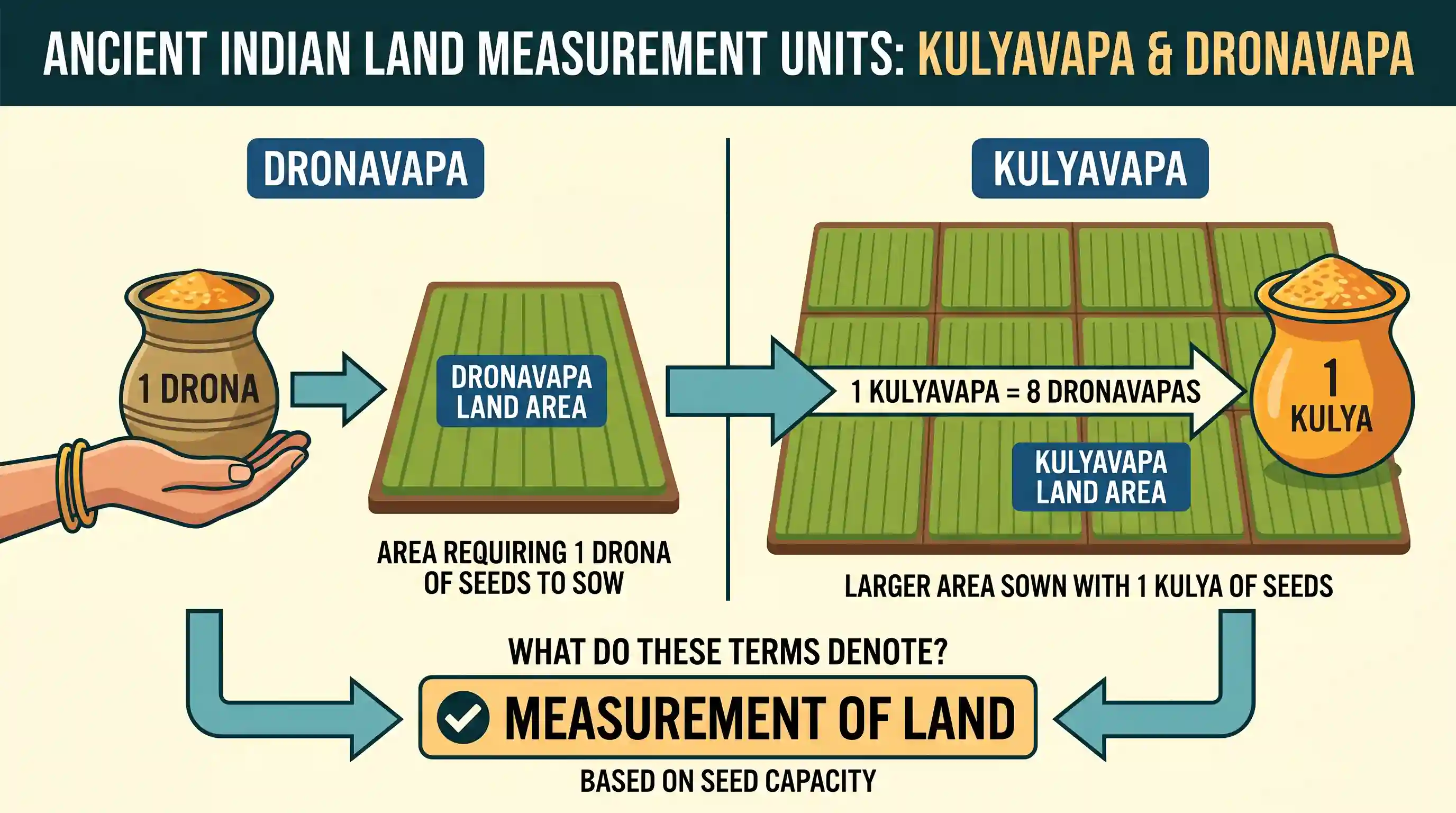 history: With reference to the history of India, the terms "kulyavapa" and "dronavapa" denote