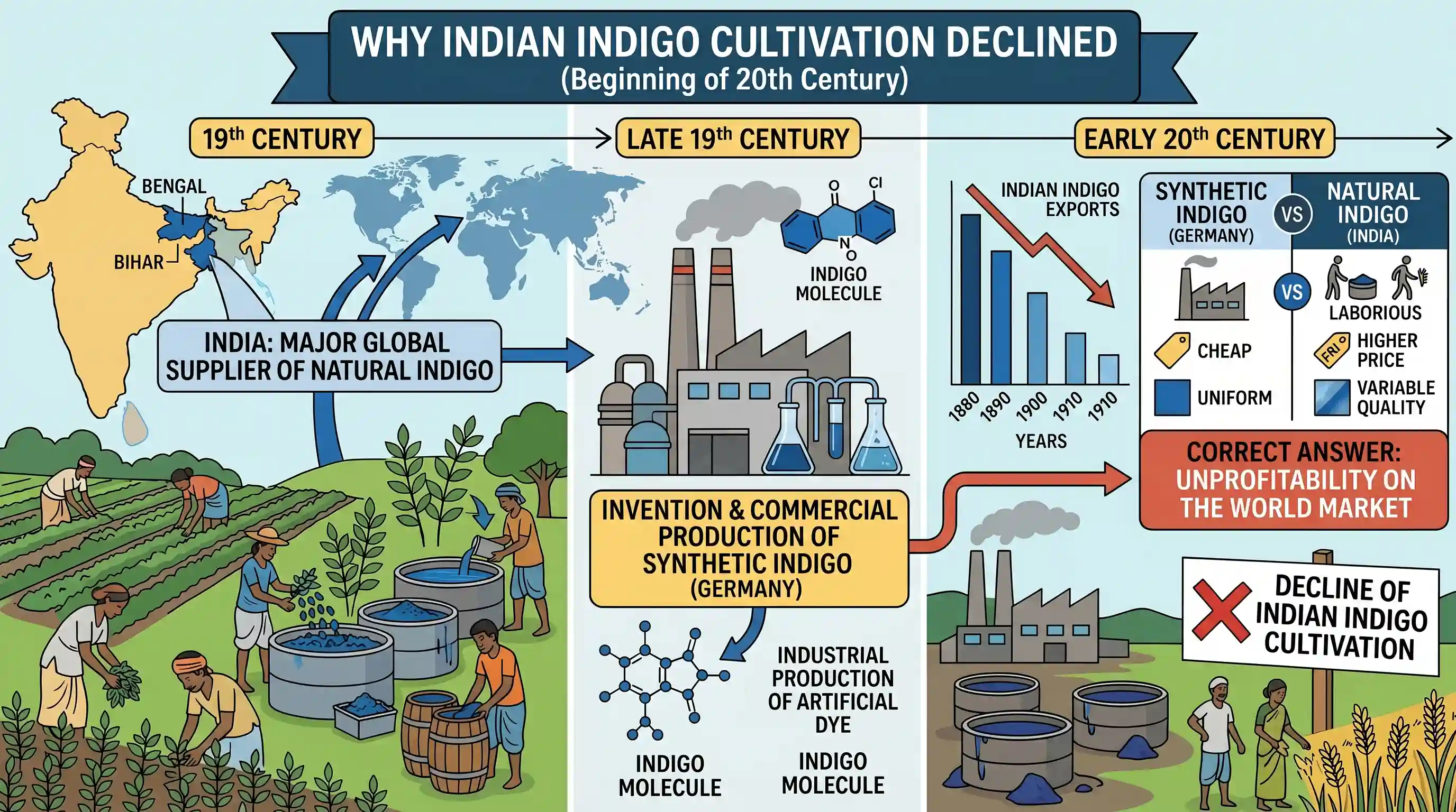 history: Indigo cultivation in India declined by the beginning of the 20th century because of