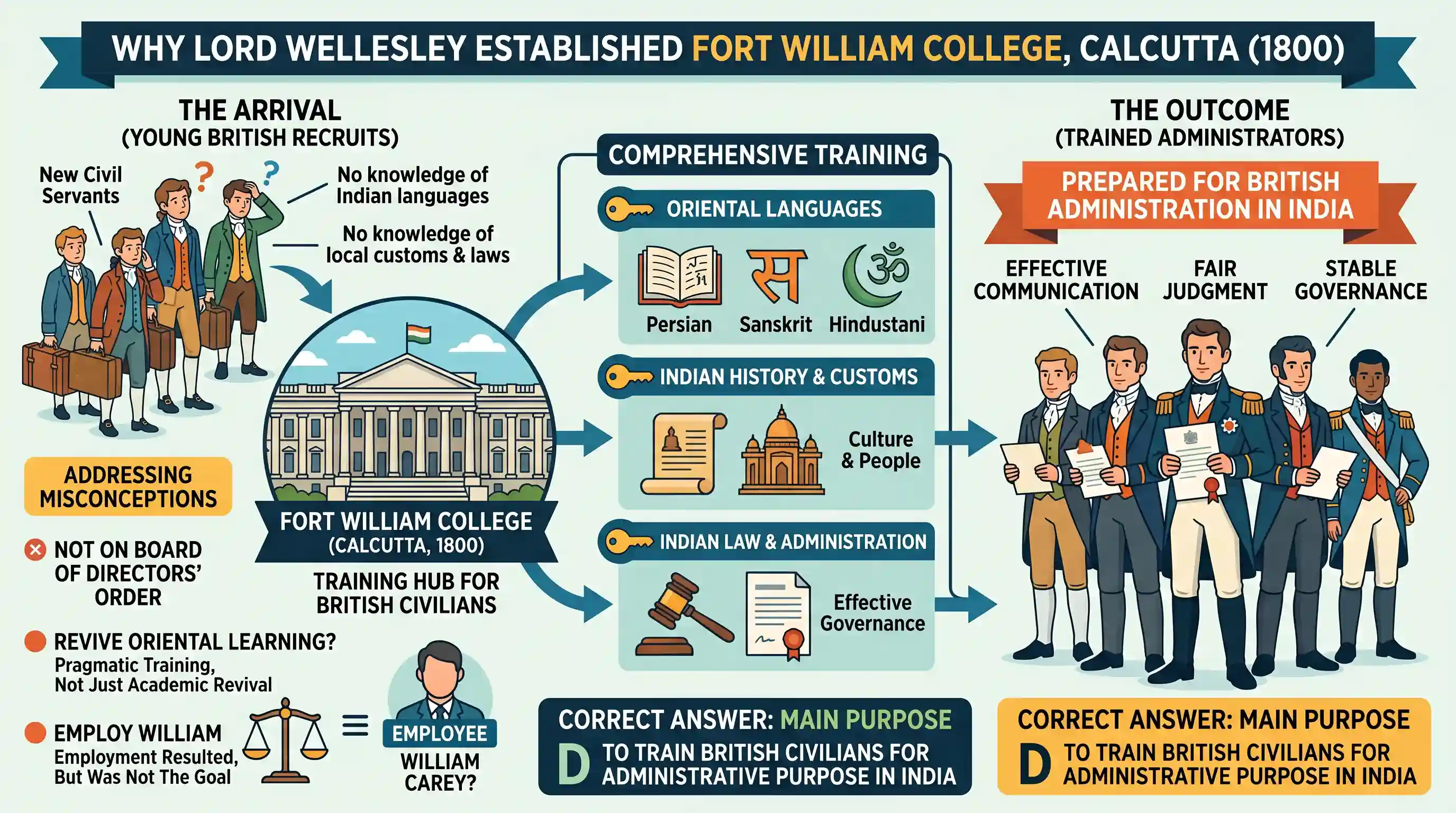 history: Wellesley established the Fort William College at Calcutta because