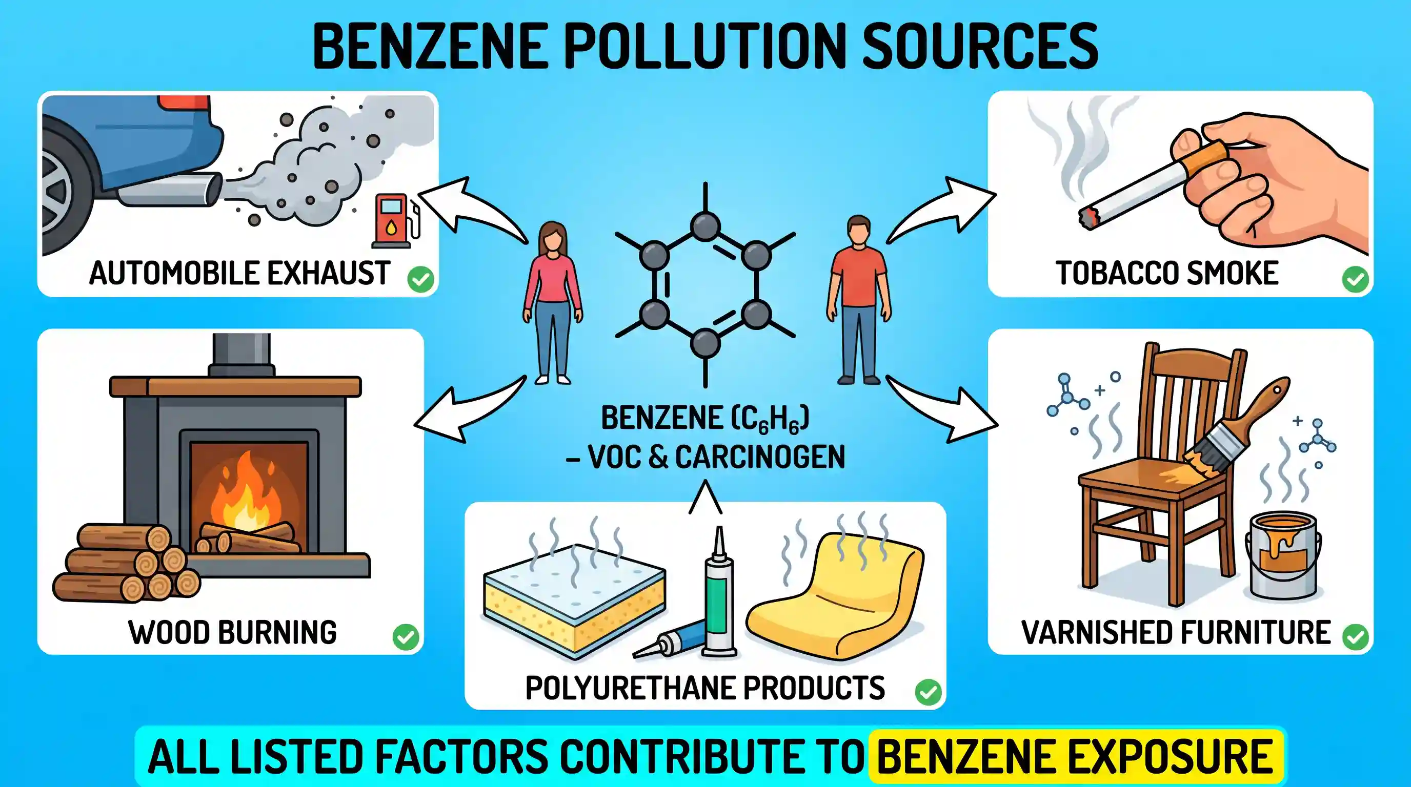 geography: Which of the following are the reasons/factors for exposure to benzene pollution? 1. Automobile exhaust 2. Tobacco smoke